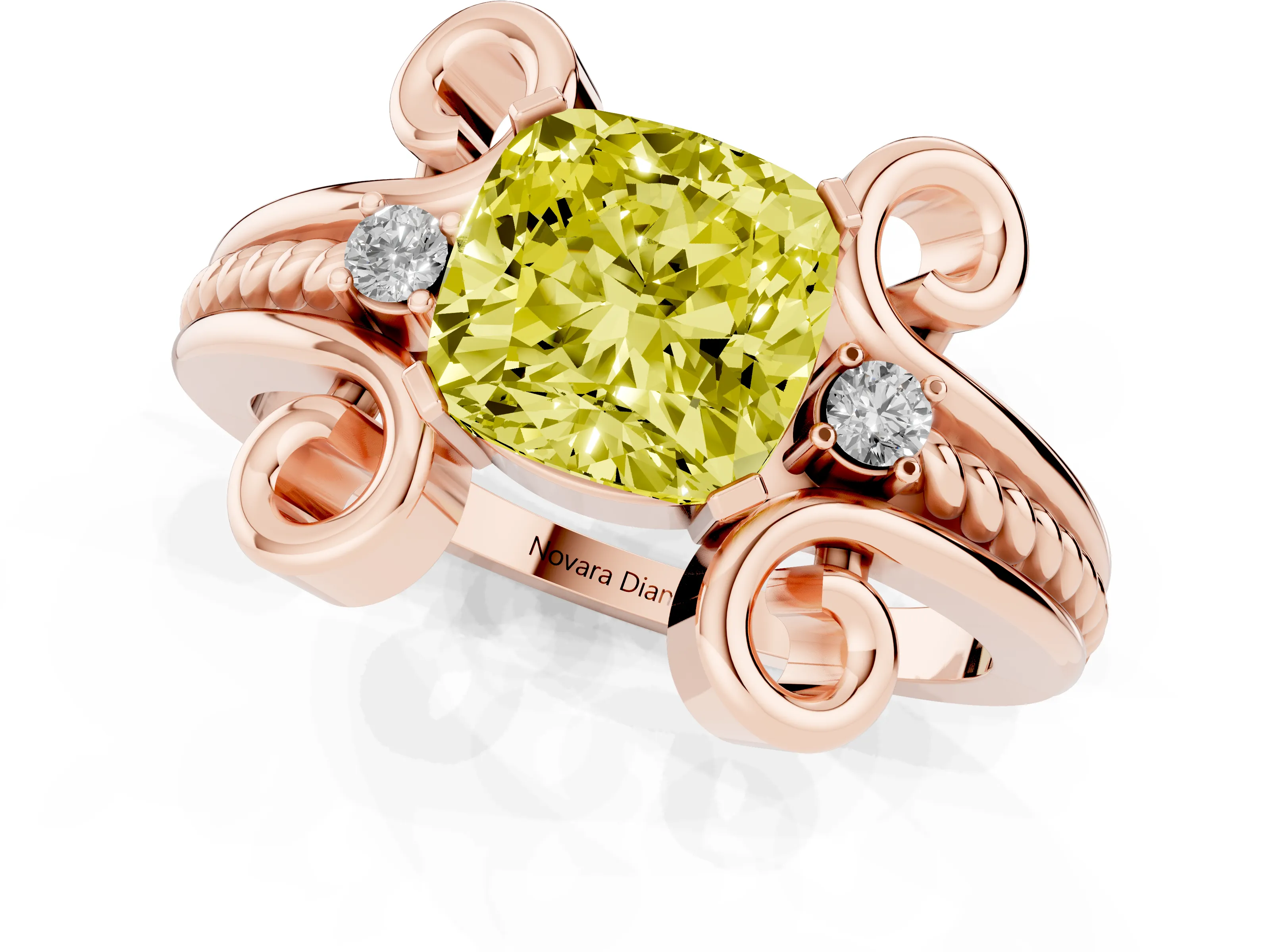 Fancy Yellow Cushion Cut Diamond Twisted Band Solitaire Ring Set in Rose gold with Scroll Prongs
