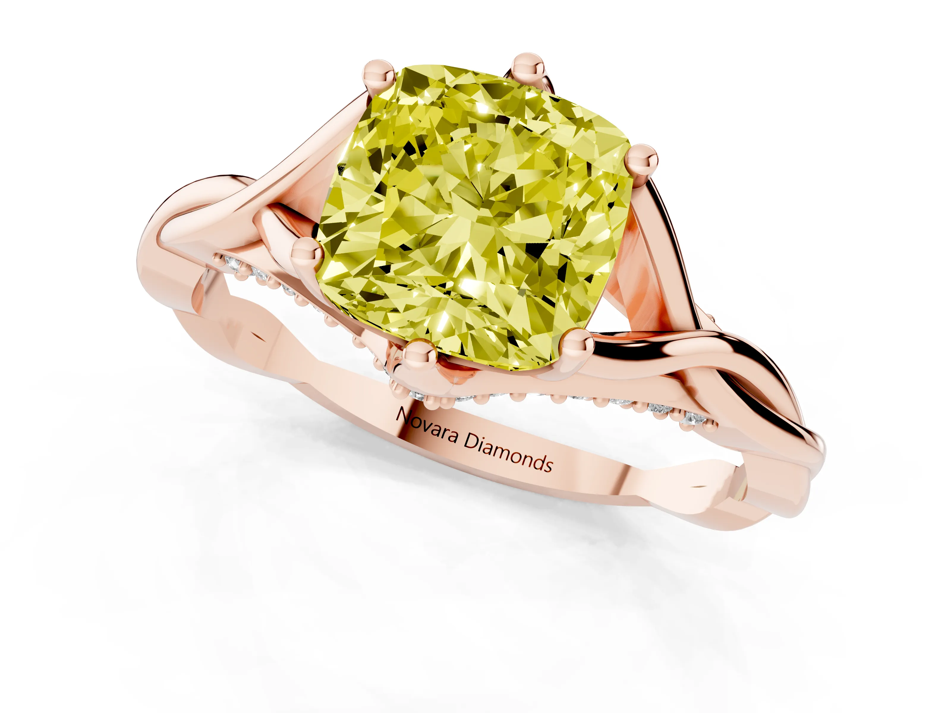 Fancy Yellow Cushion Cut Diamond Intertwined Twist Band Solitaire Ring Set in Rose gold with Prong Setting