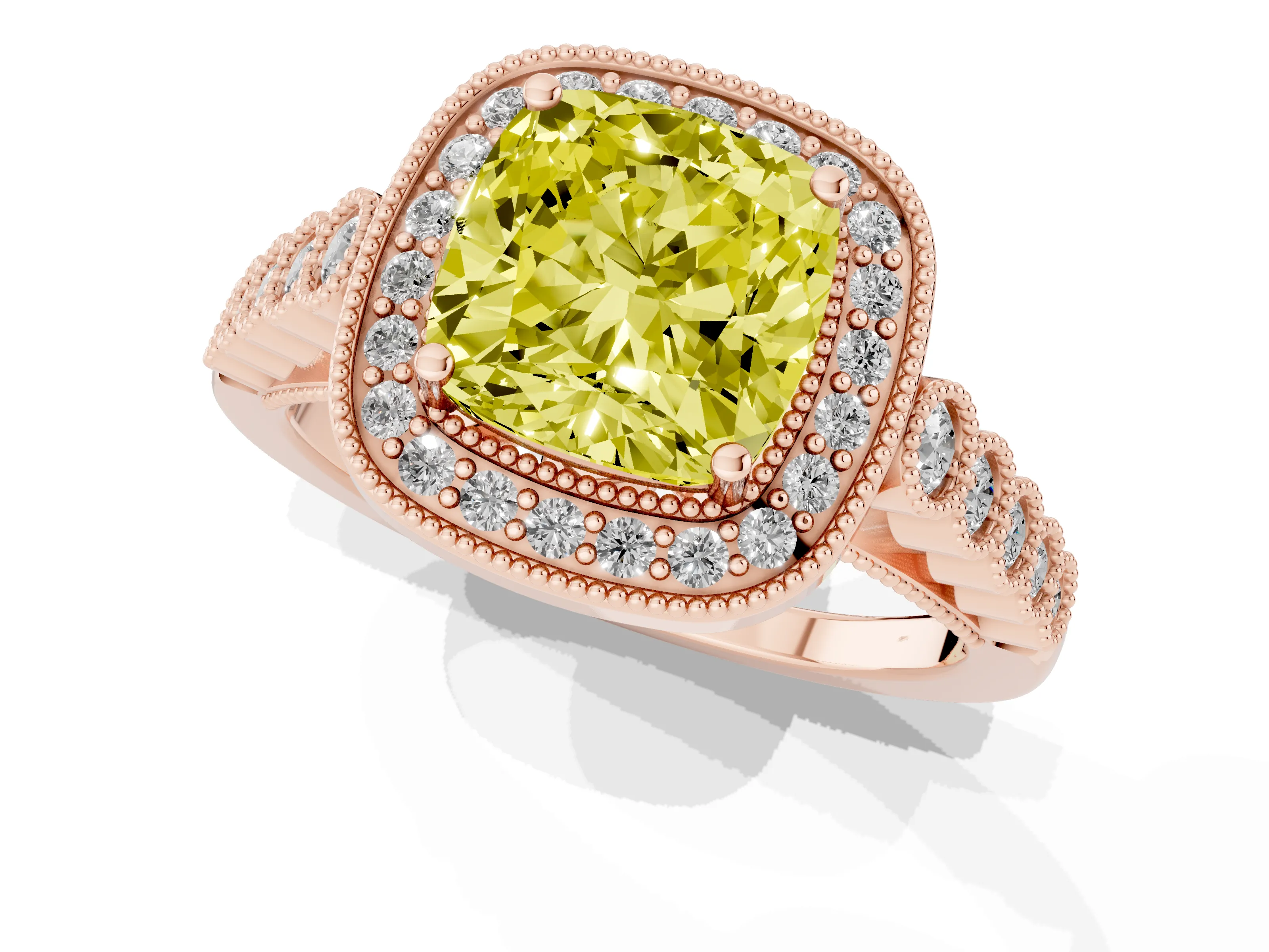 Fancy Yellow Cushion Cut Diamond Milgrain Halo Solitaire Ring Set in Rose gold with Bezel Set Side Stones and Pavé Band