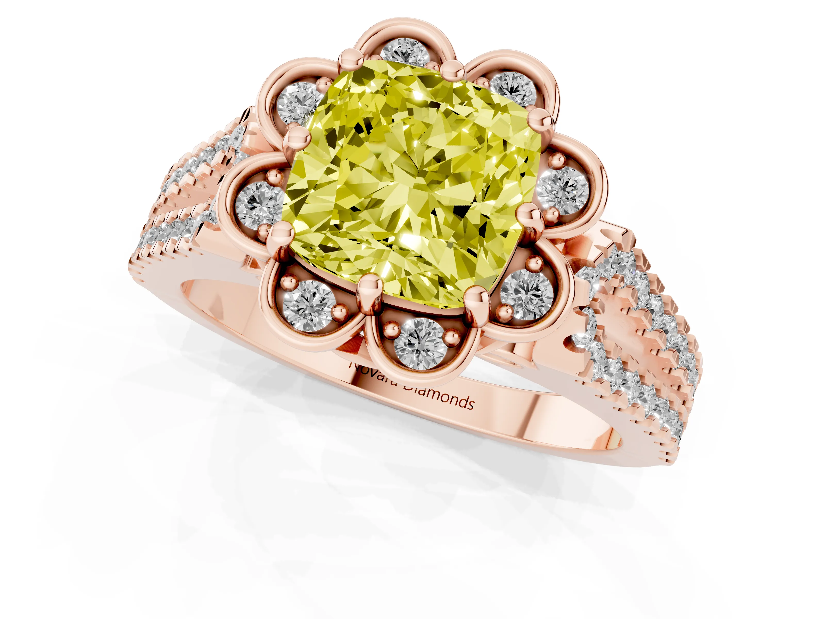 Fancy Yellow Cushion Cut Diamond Floral Halo Split Shank Engagement Ring Set in Rose gold with Pavé Shank