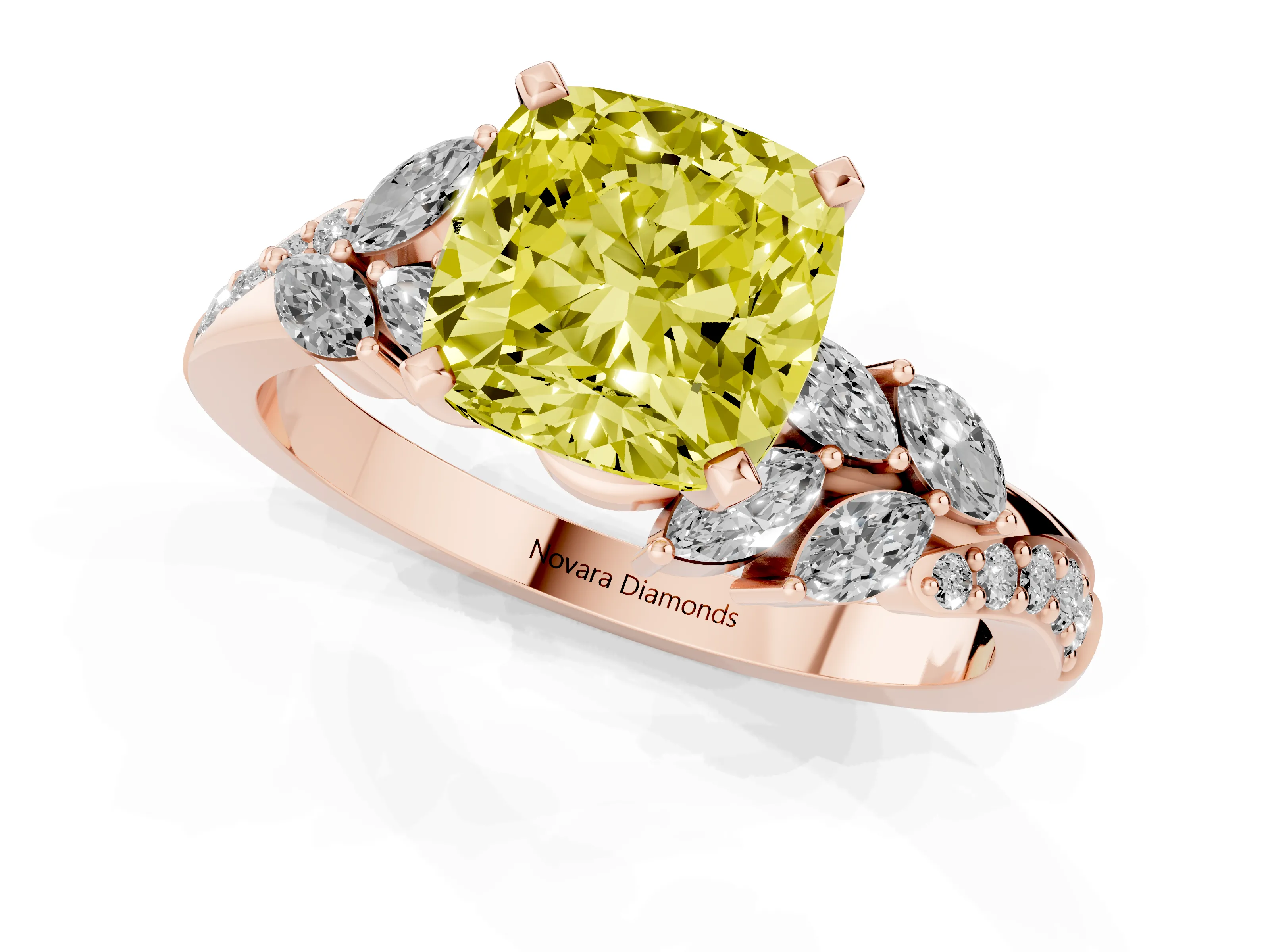Fancy Yellow Cushion Cut Diamond Solitaire Ring Set in Rose gold with Marquise Twist Band and Prong Setting