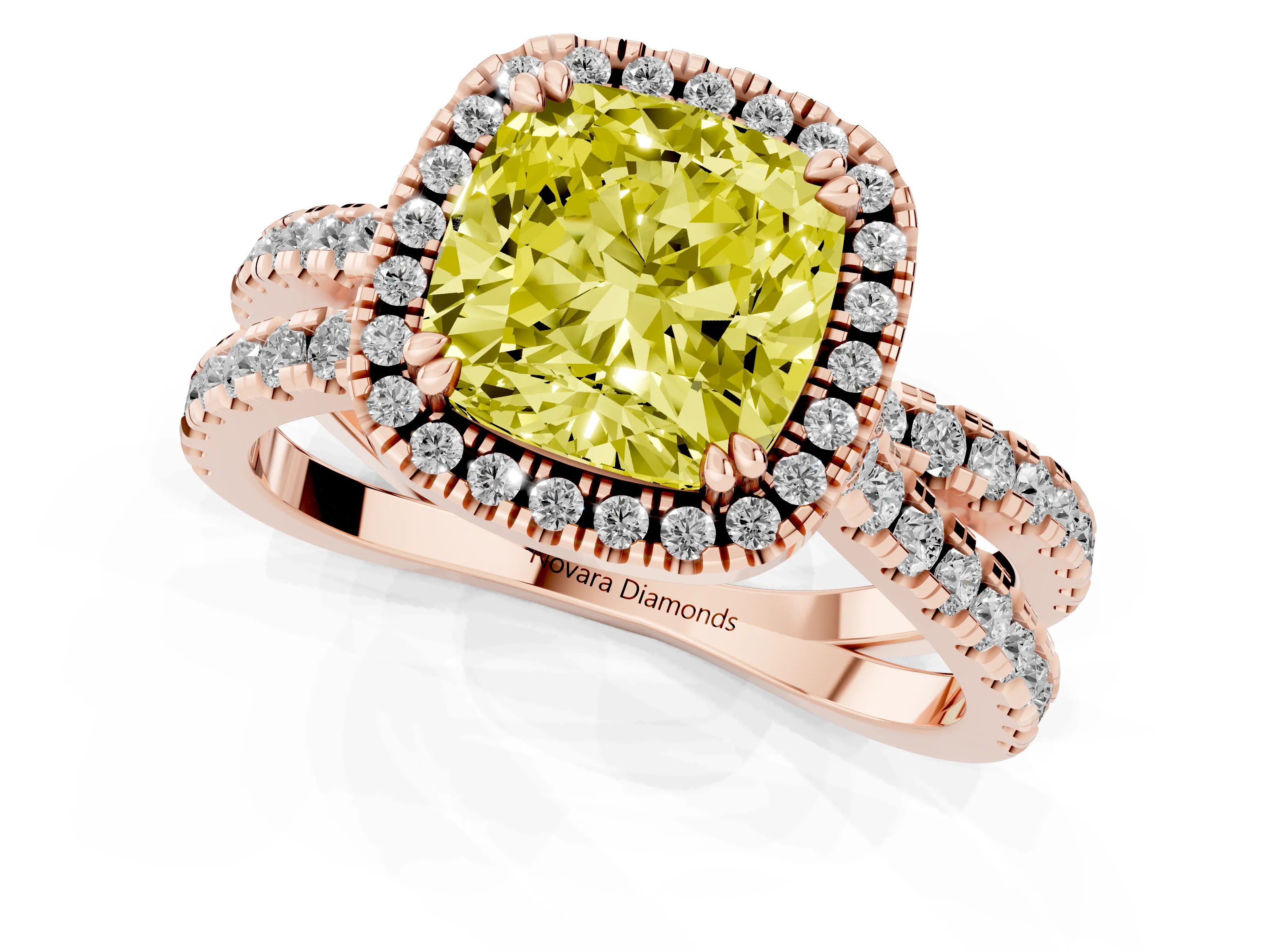 Fancy Yellow Cushion Cut Diamond Halo Split Shank Ring Set in Rose gold with Pavé Setting