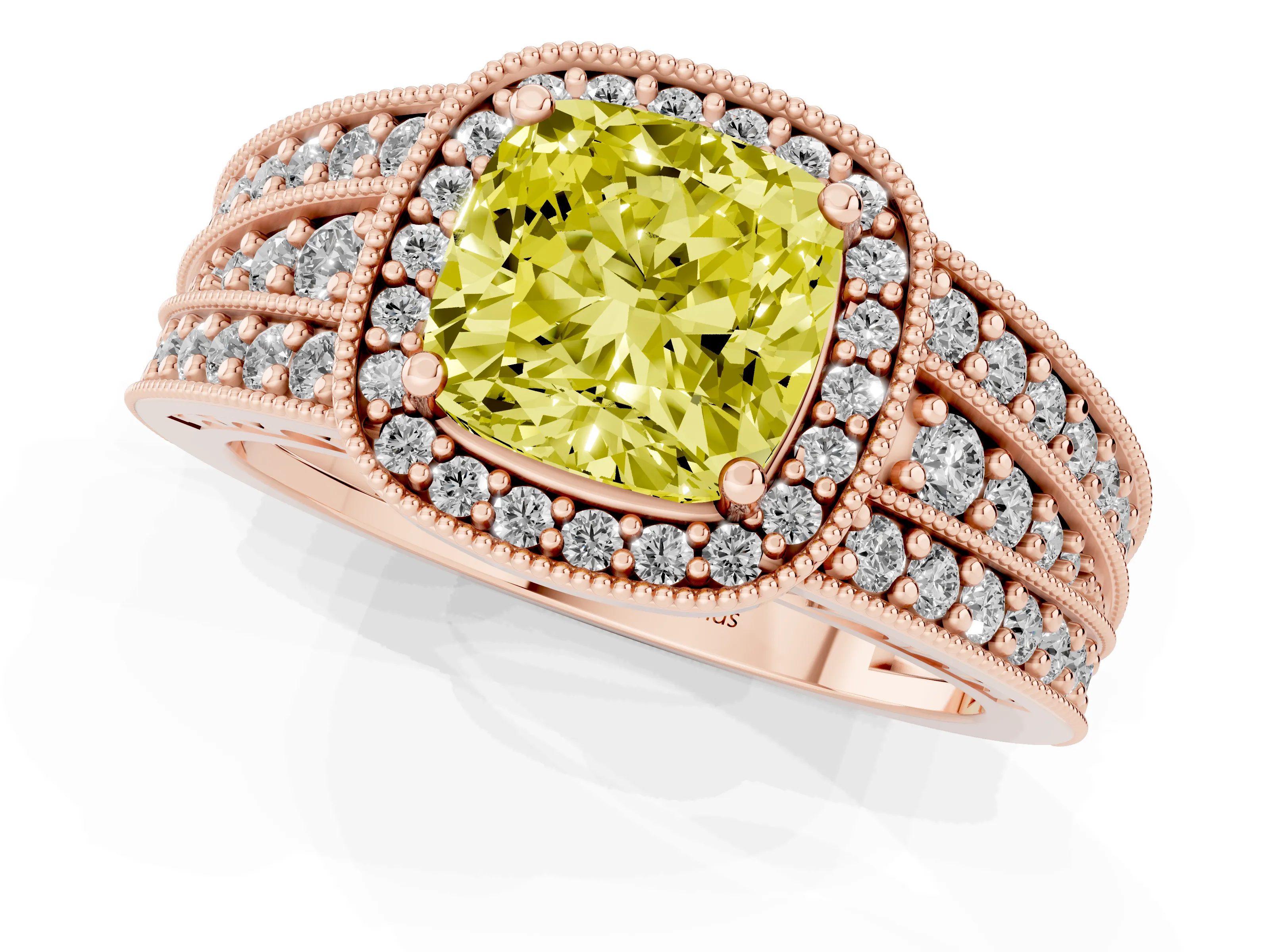 Fancy Yellow Cushion Cut Diamond Halo Ring Set in Rose gold with Accent Split Shank and Prong Setting