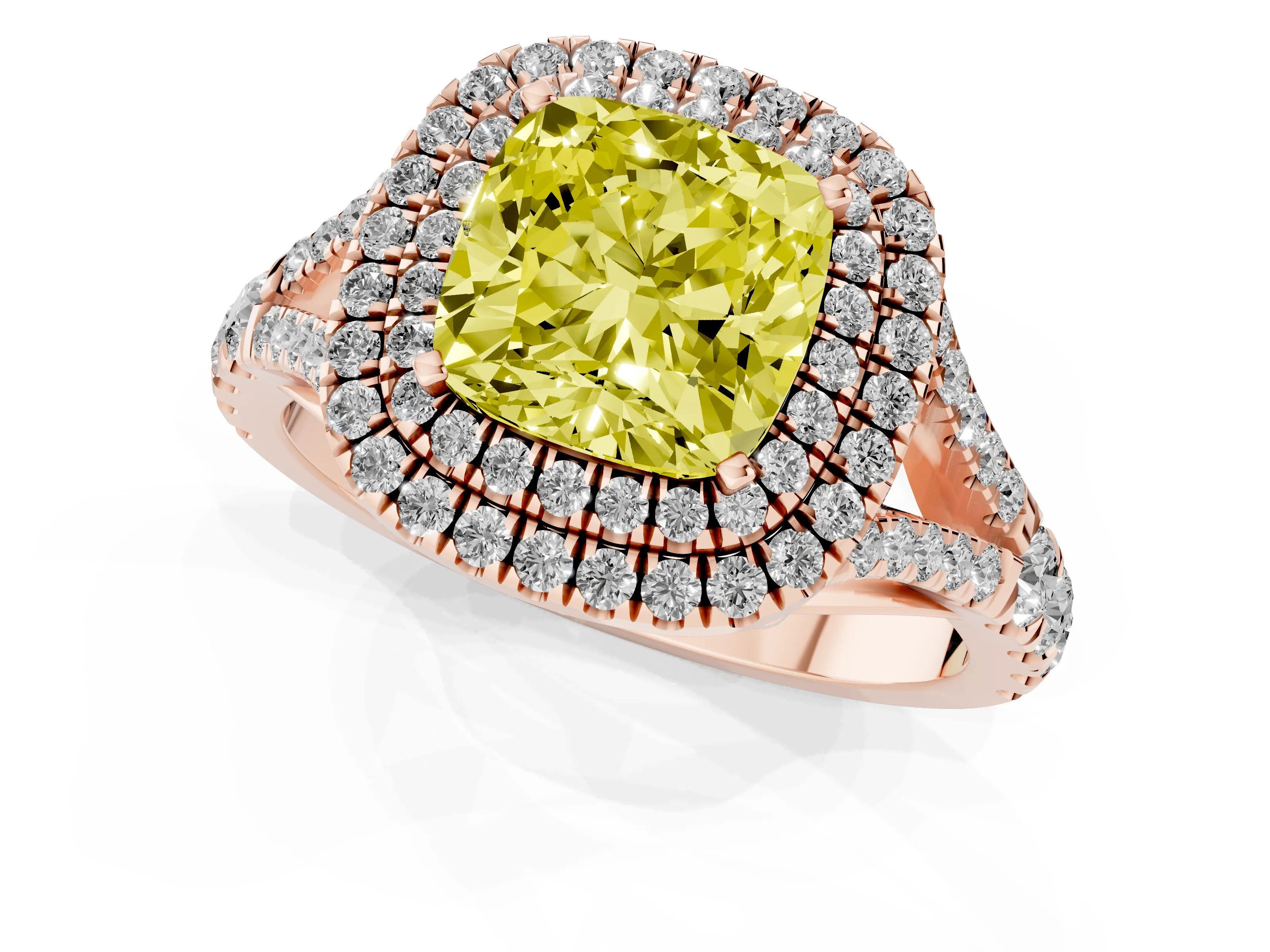 Fancy Yellow Cushion Cut Diamond Pavé Split Shank Double Halo Engagement Ring Set in Rose gold – second view