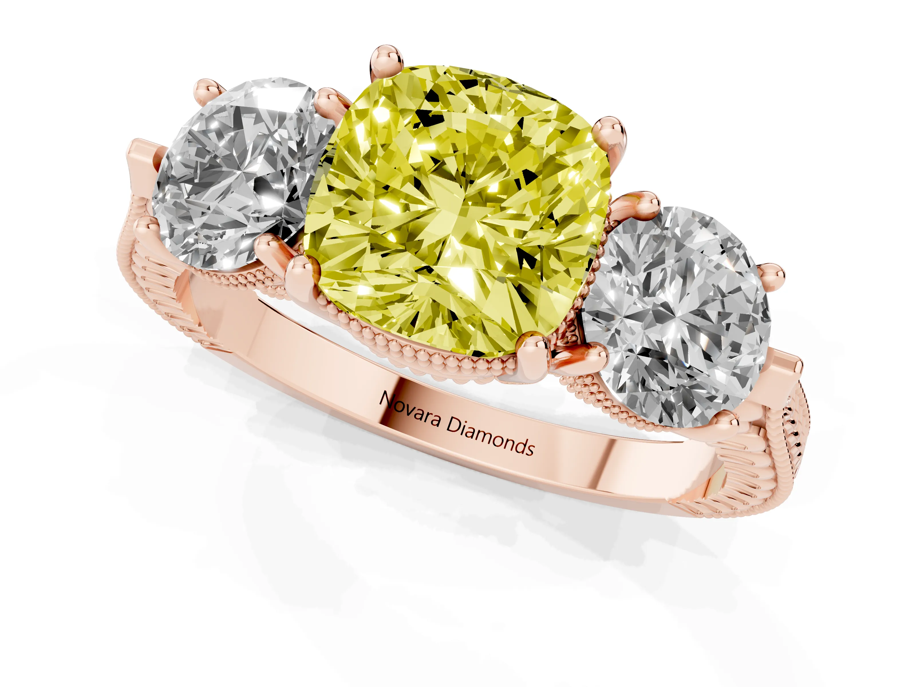 Fancy Yellow Cushion Cut Diamond Three-Stone Ring Set in Rose gold with Milgrain Band
