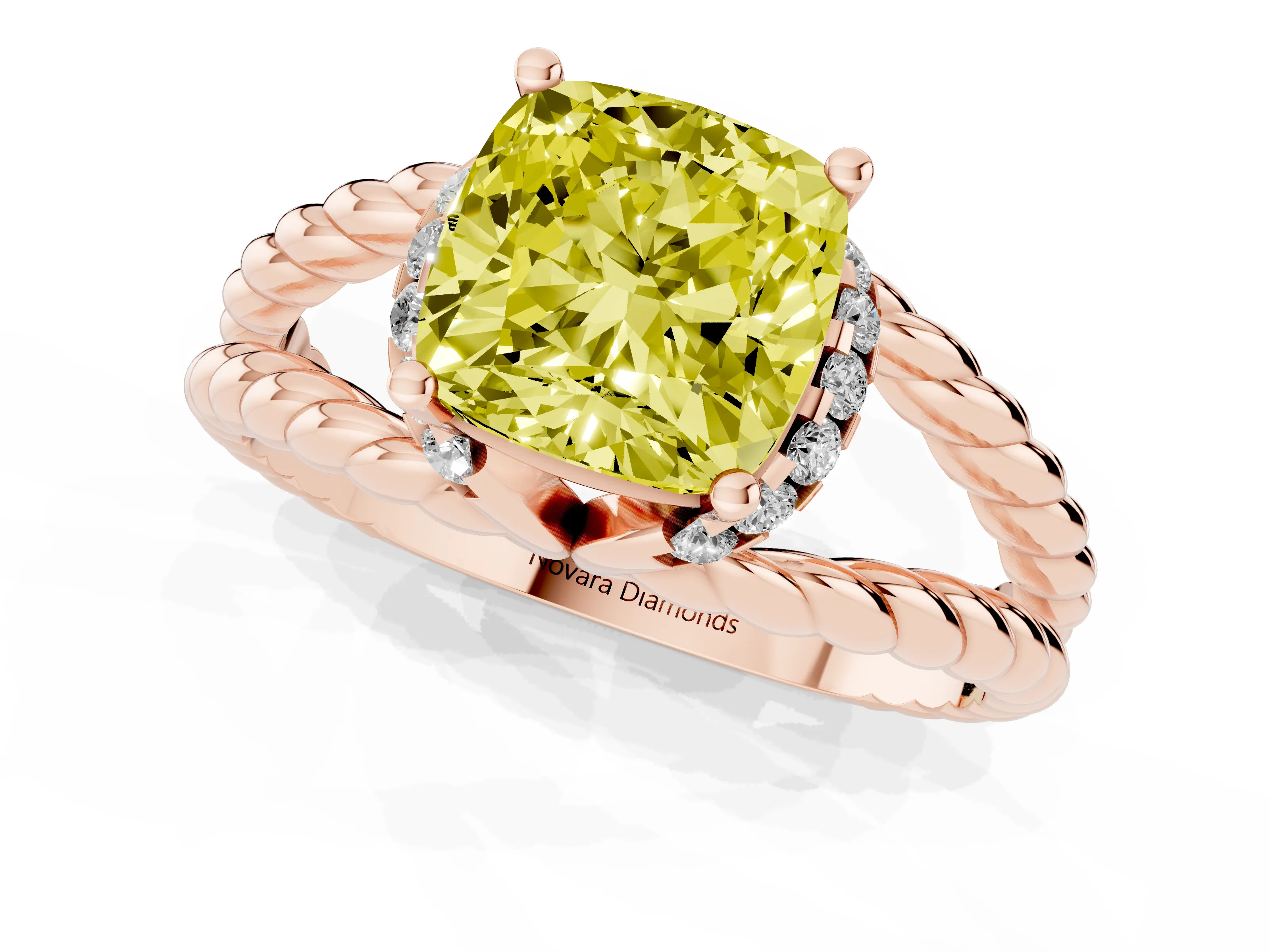 Fancy Yellow Cushion Cut Diamond Halo Ring Set in Rose gold with Twisted Band and Prong Setting