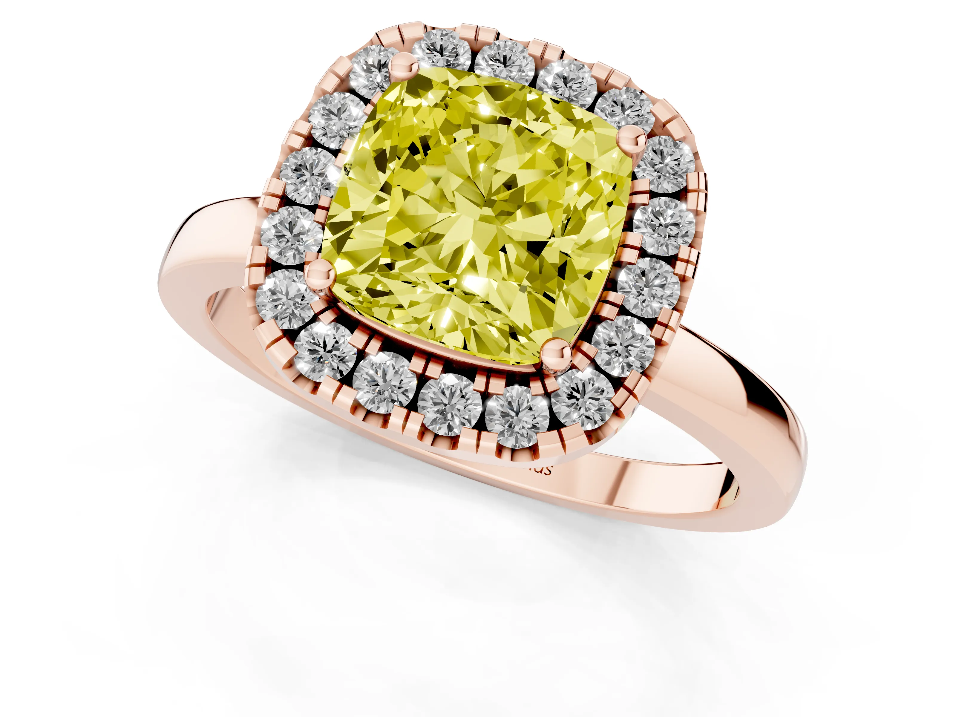 Fancy Yellow Cushion Cut Diamond Halo Solitaire Ring Set in Rose gold with Pavé Band and Prong Setting