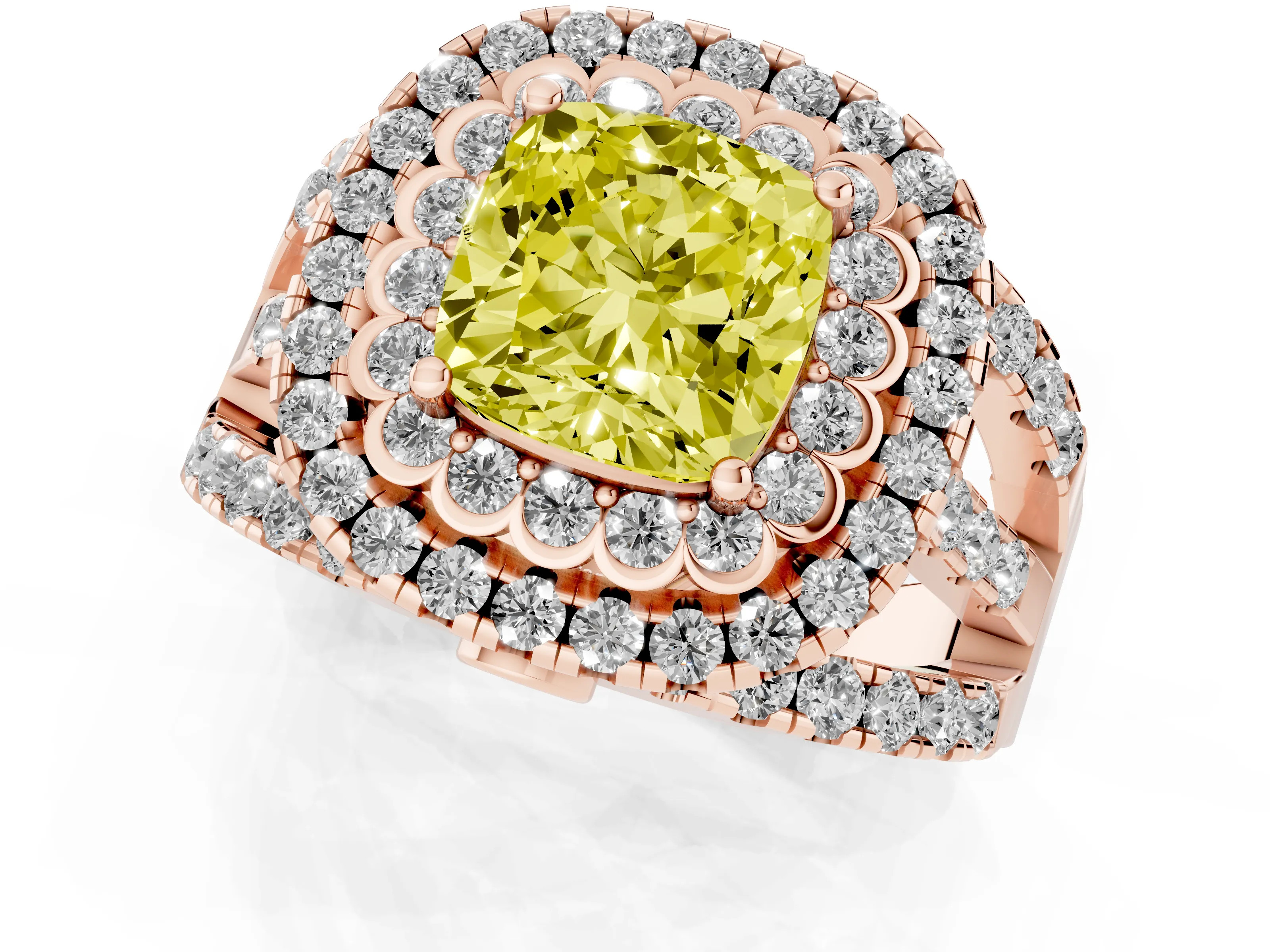 Fancy Yellow Cushion Cut Diamond Double Halo Ring Set in Rose gold with Round Pavé Split Shank