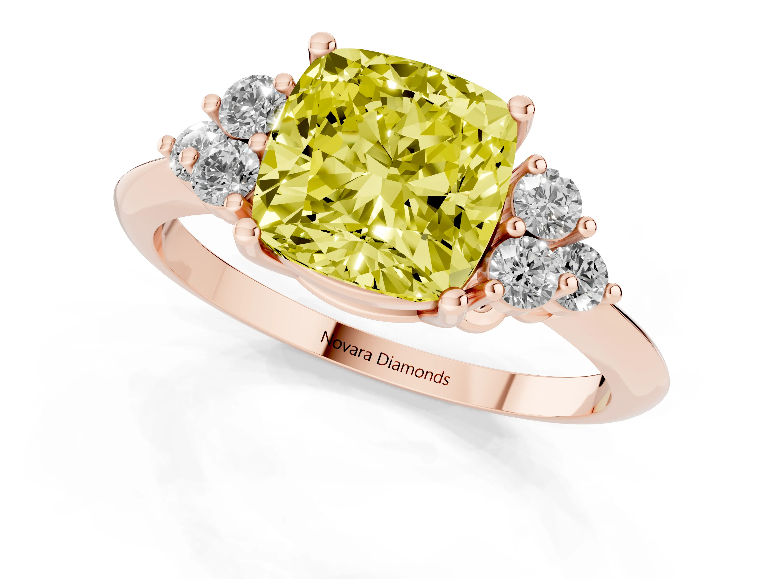 Fancy Yellow Cushion Cut Diamond Cluster Ring Set in Rose gold with Plain Band and Prong Setting