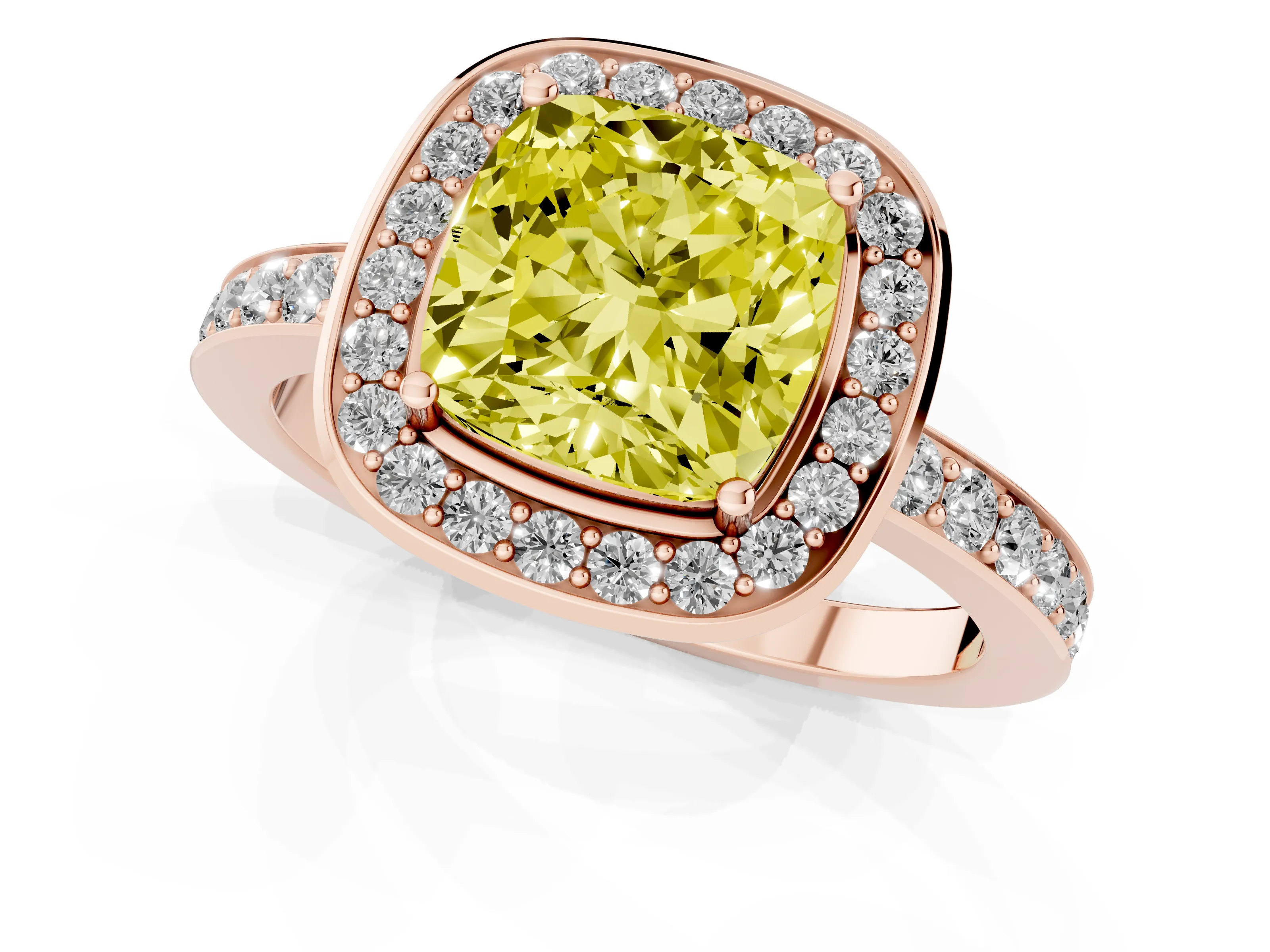 Fancy Yellow Cushion Cut Diamond Halo Ring Set in Rose gold with Bezel Frame and Pavé Band