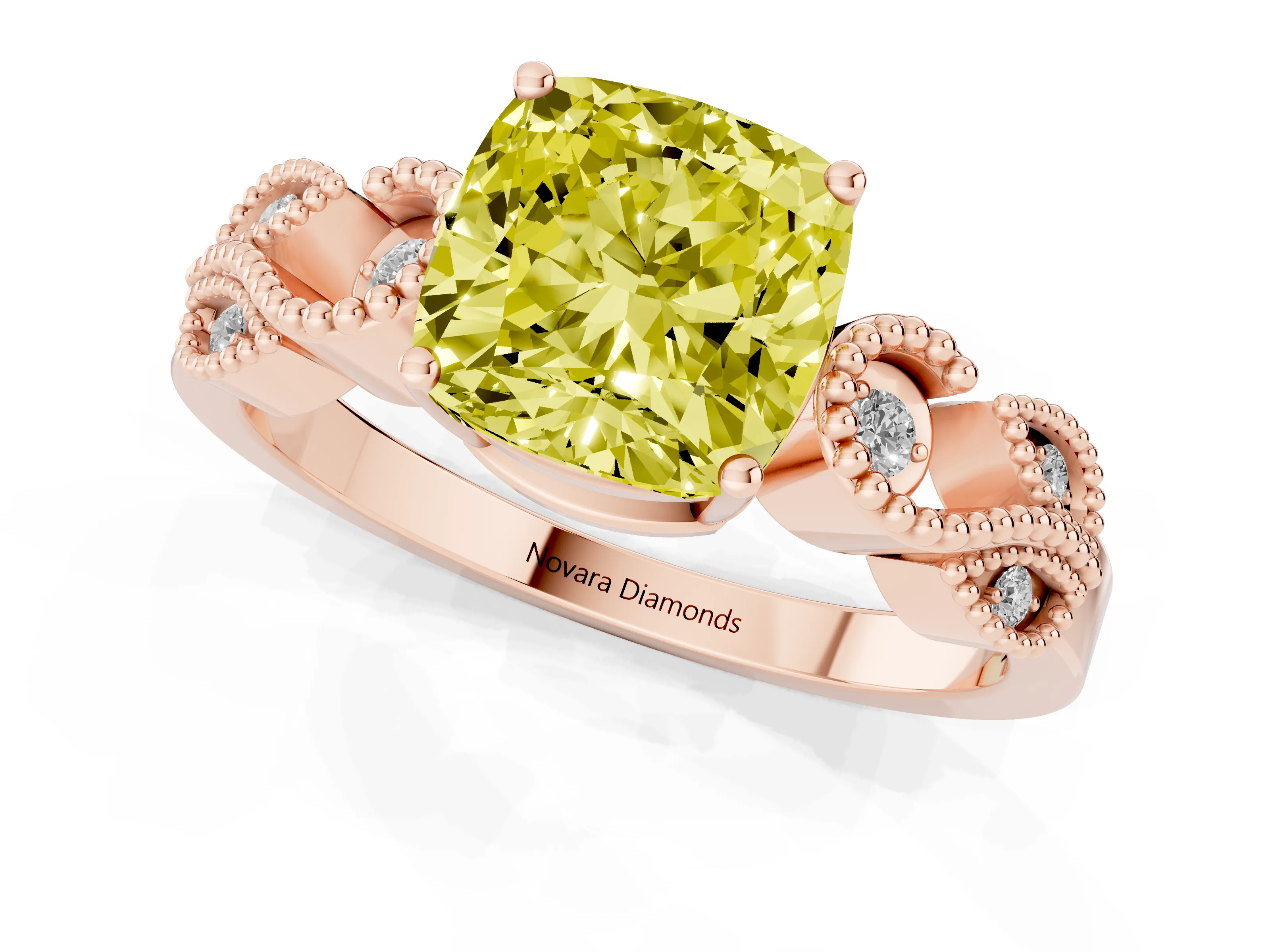 Fancy Yellow Cushion Cut Diamond Milgrain Leaf Band Solitaire Ring Set in Rose gold with Accent Stones and Prong Setting