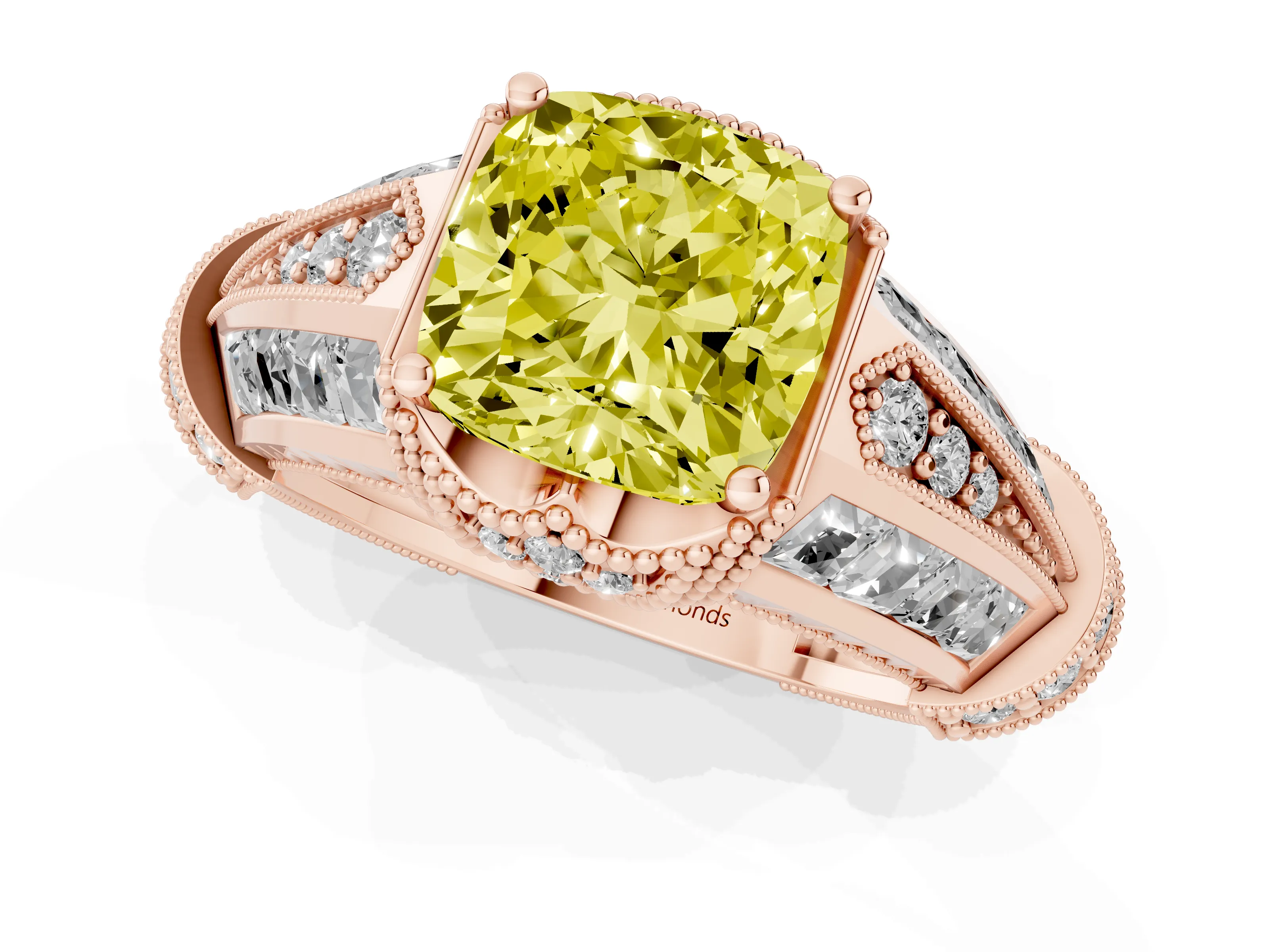 Fancy Yellow Cushion Cut Diamond Vintage-Inspired Milgrain Ring Set in Rose gold with Accent Split Shank
