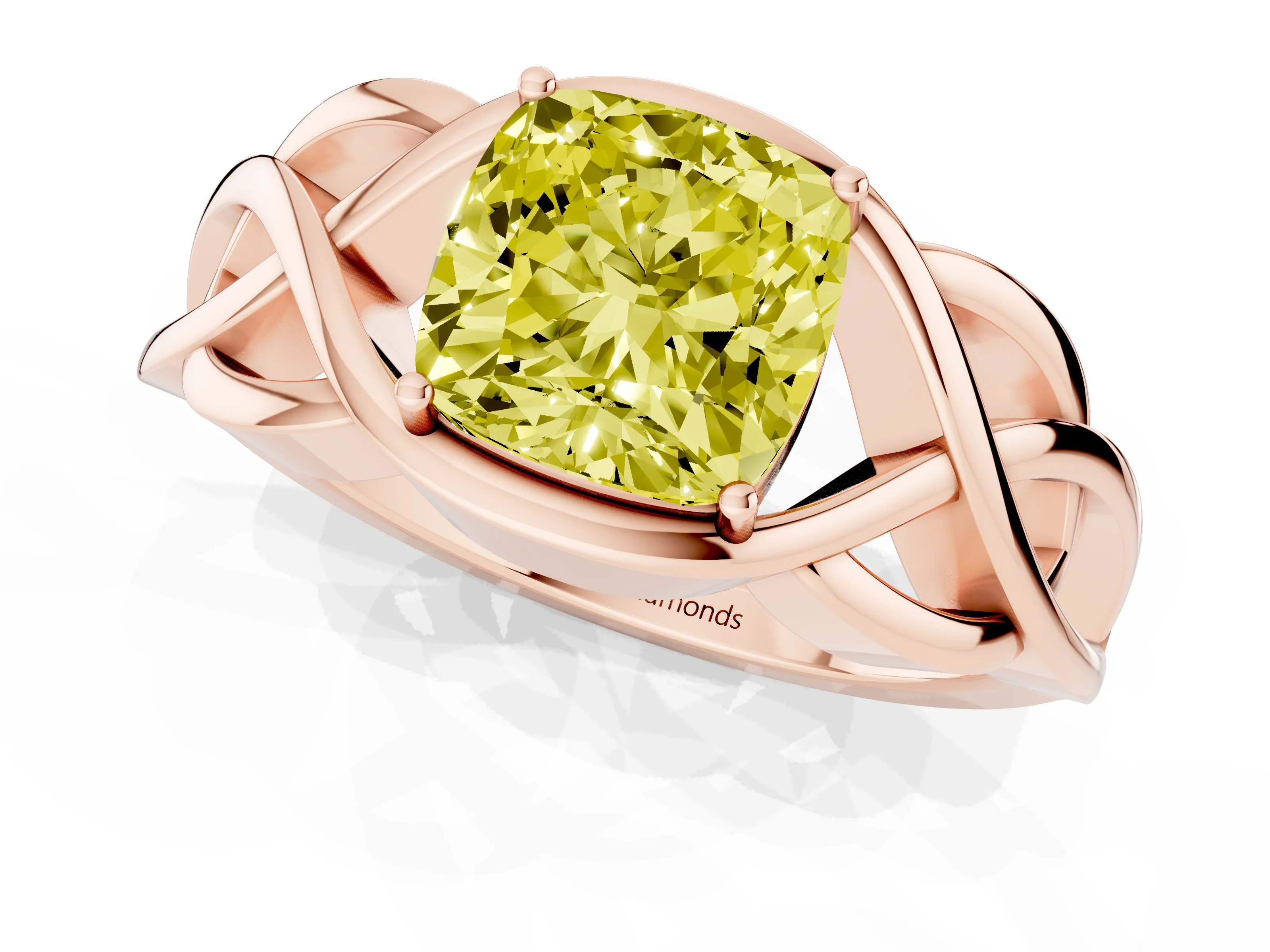 Fancy Yellow Cushion Cut Diamond Solitaire Ring Set in Rose gold with Intertwined Band