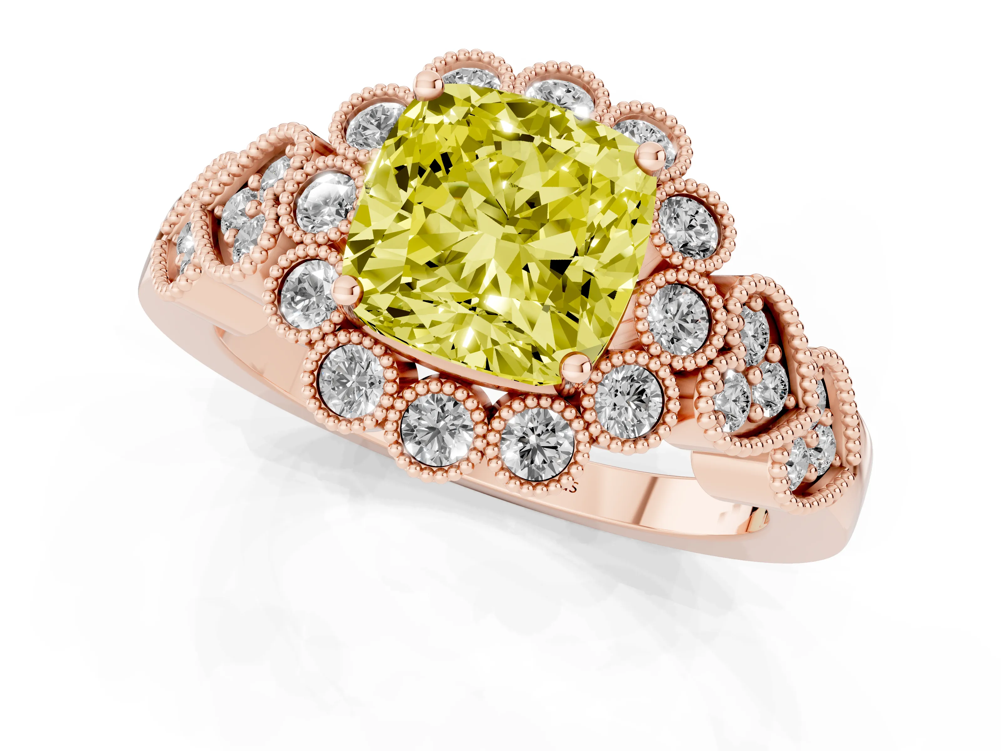 Fancy Yellow Cushion Cut Diamond Solitaire Ring Set in Rose gold with Milgrain Pavé Heart Band
