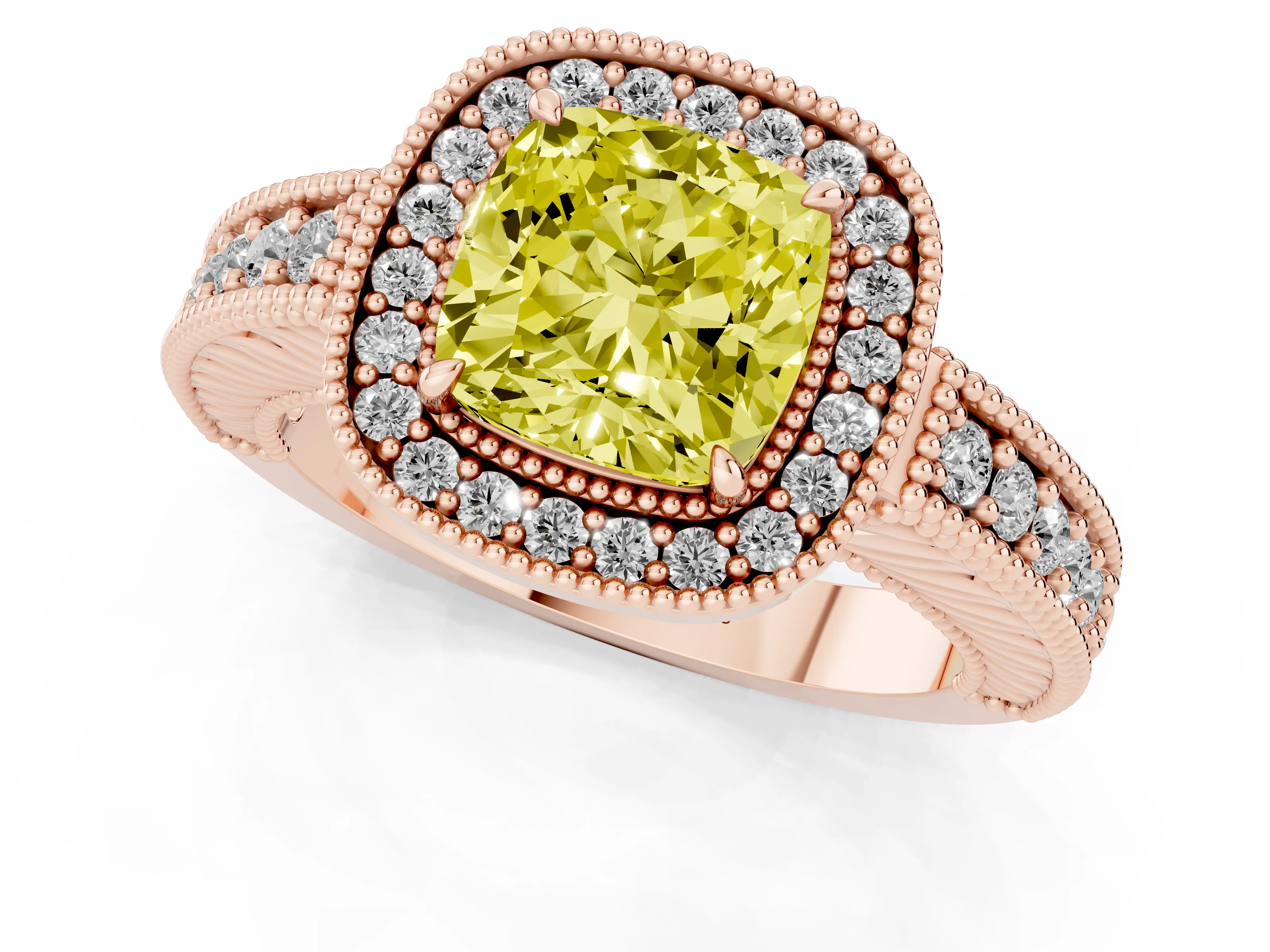 Fancy Yellow Cushion Cut Diamond Halo Ring Set in Rose gold with Round Accent Halo, Pavé Band and Prong Setting