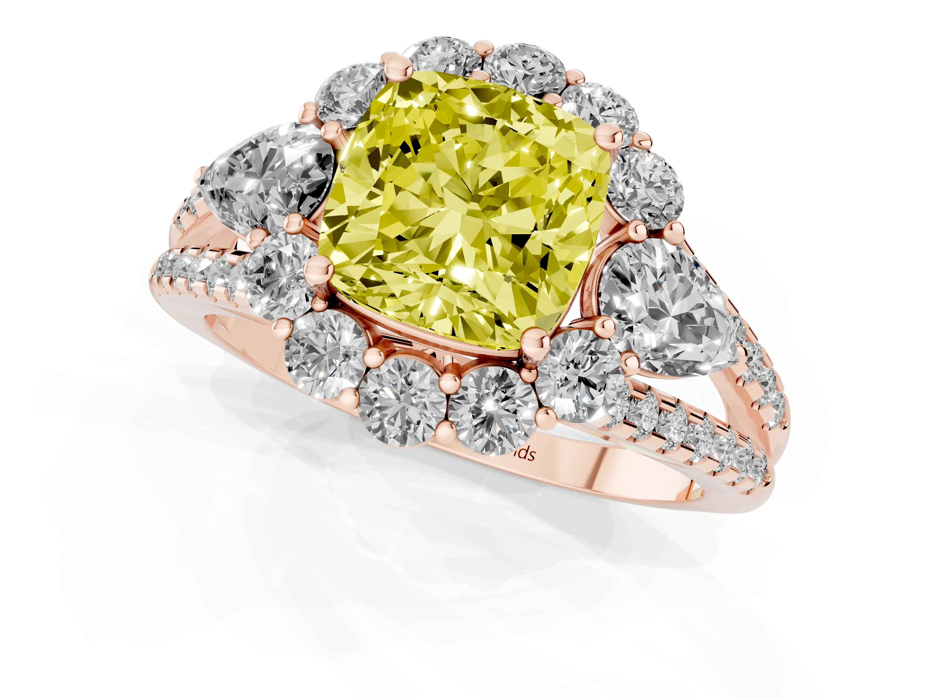 Fancy Yellow Cushion Cut Diamond Halo Split Shank Engagement Ring Set in Rose gold with Prong-Held Center Stone