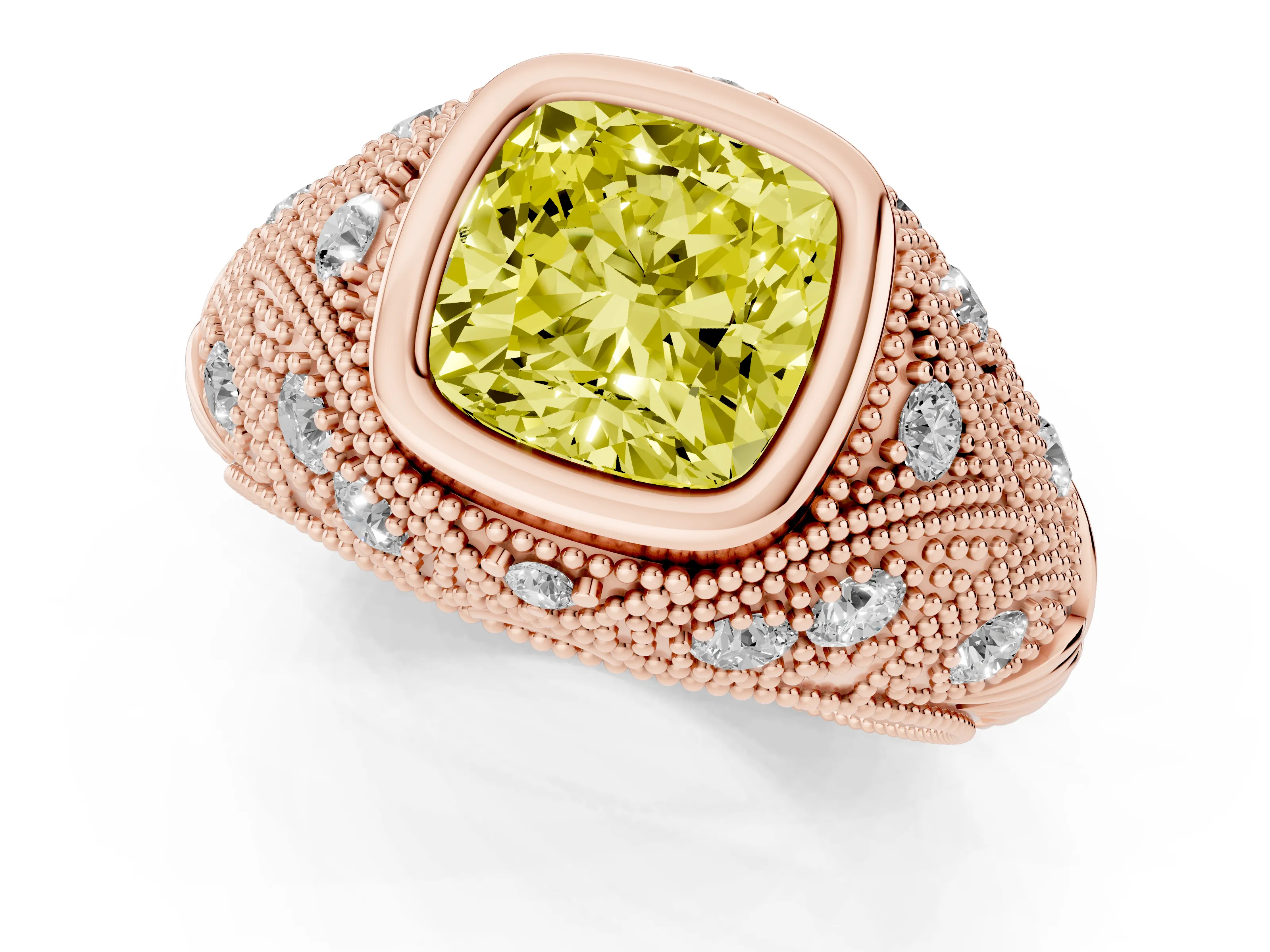 Fancy Yellow Cushion Cut Diamond Bezel Ring Set in Rose gold with Milgrain Accent Band