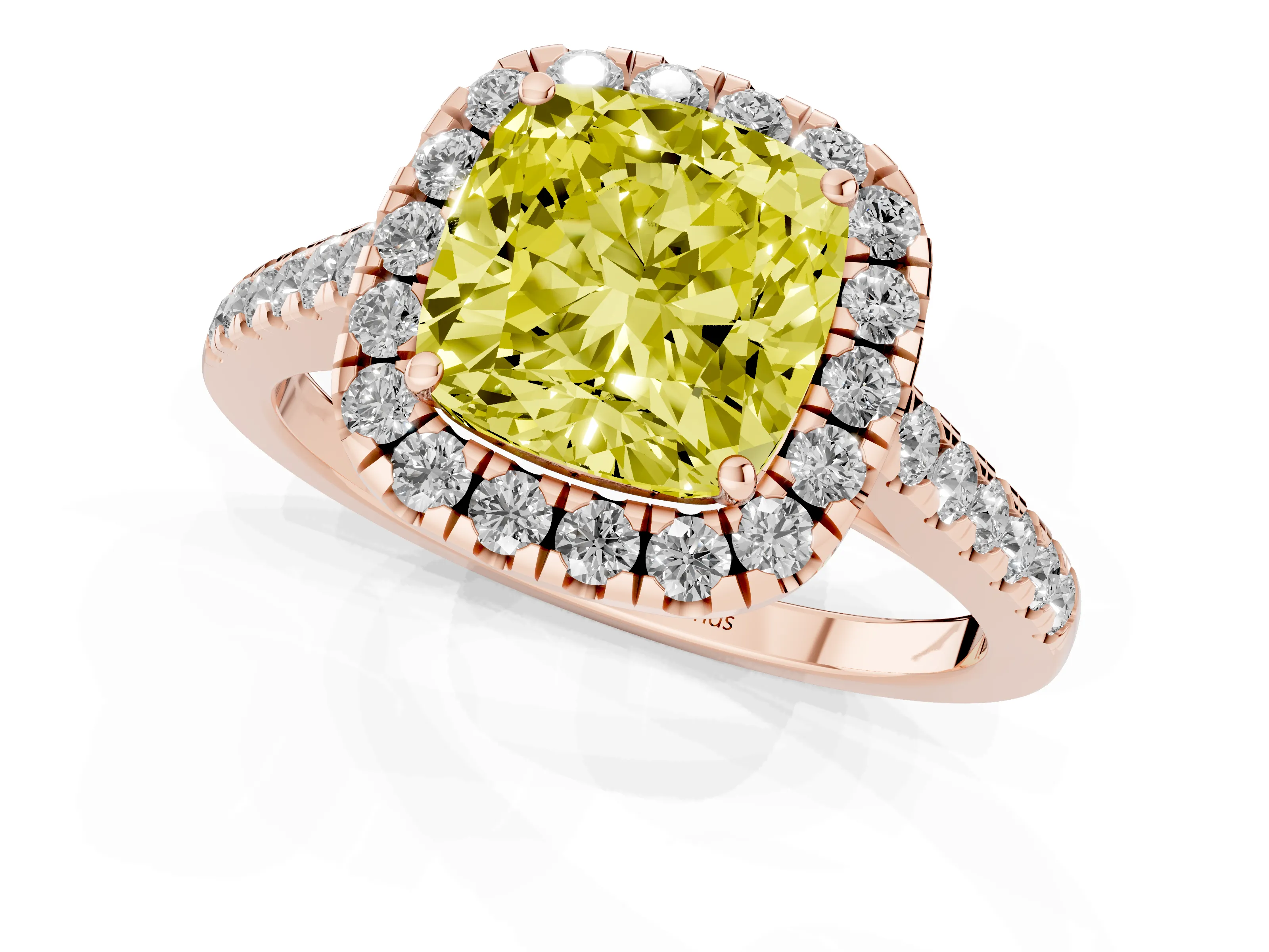 Fancy Yellow Cushion Cut Diamond Halo Pavé Engagement Ring Set in Rose gold with Prong Setting
