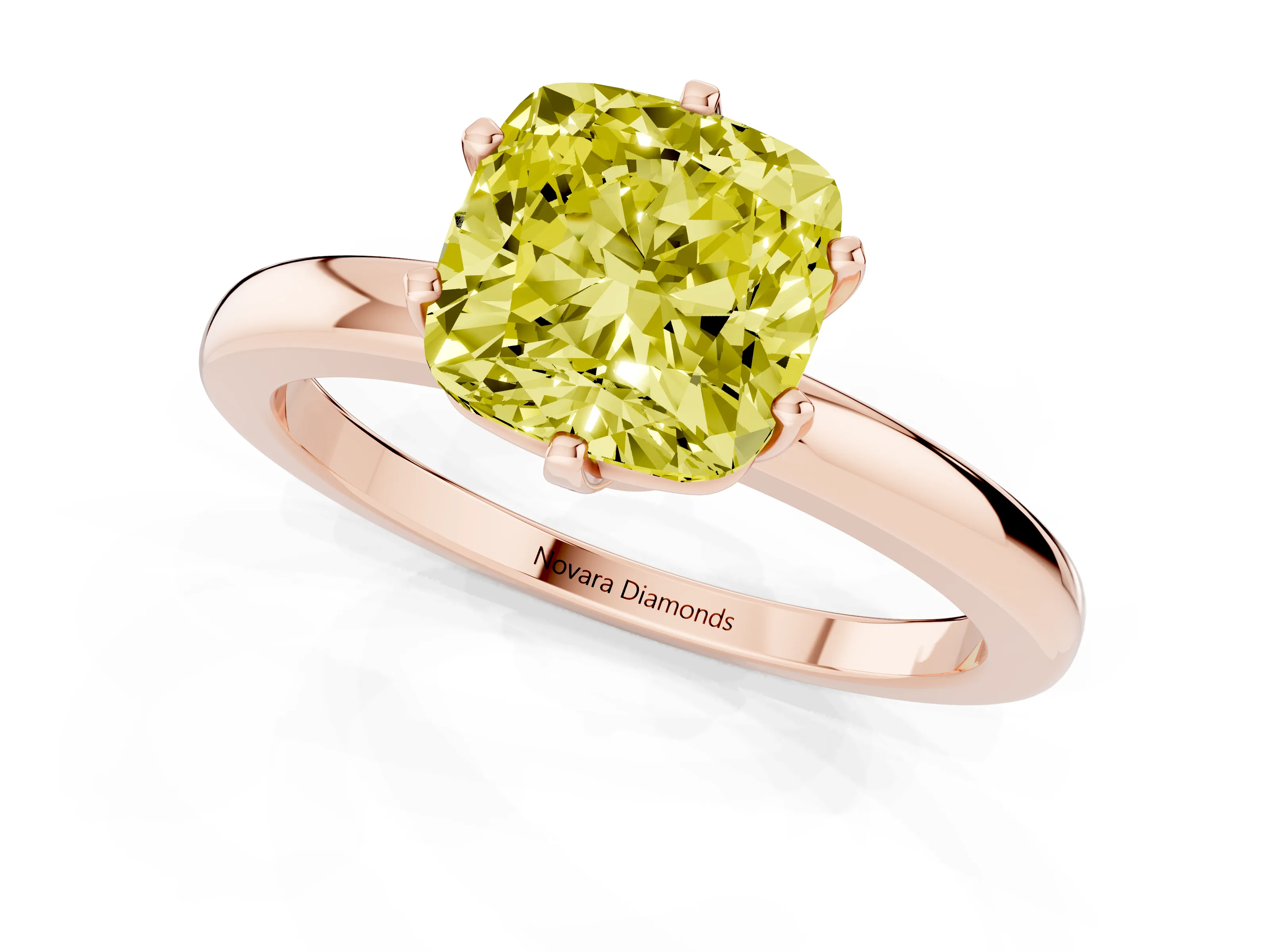 Fancy Yellow Cushion Cut Diamond Solitaire Ring Set in Rose gold with Raised Prong Setting on a Classic Band