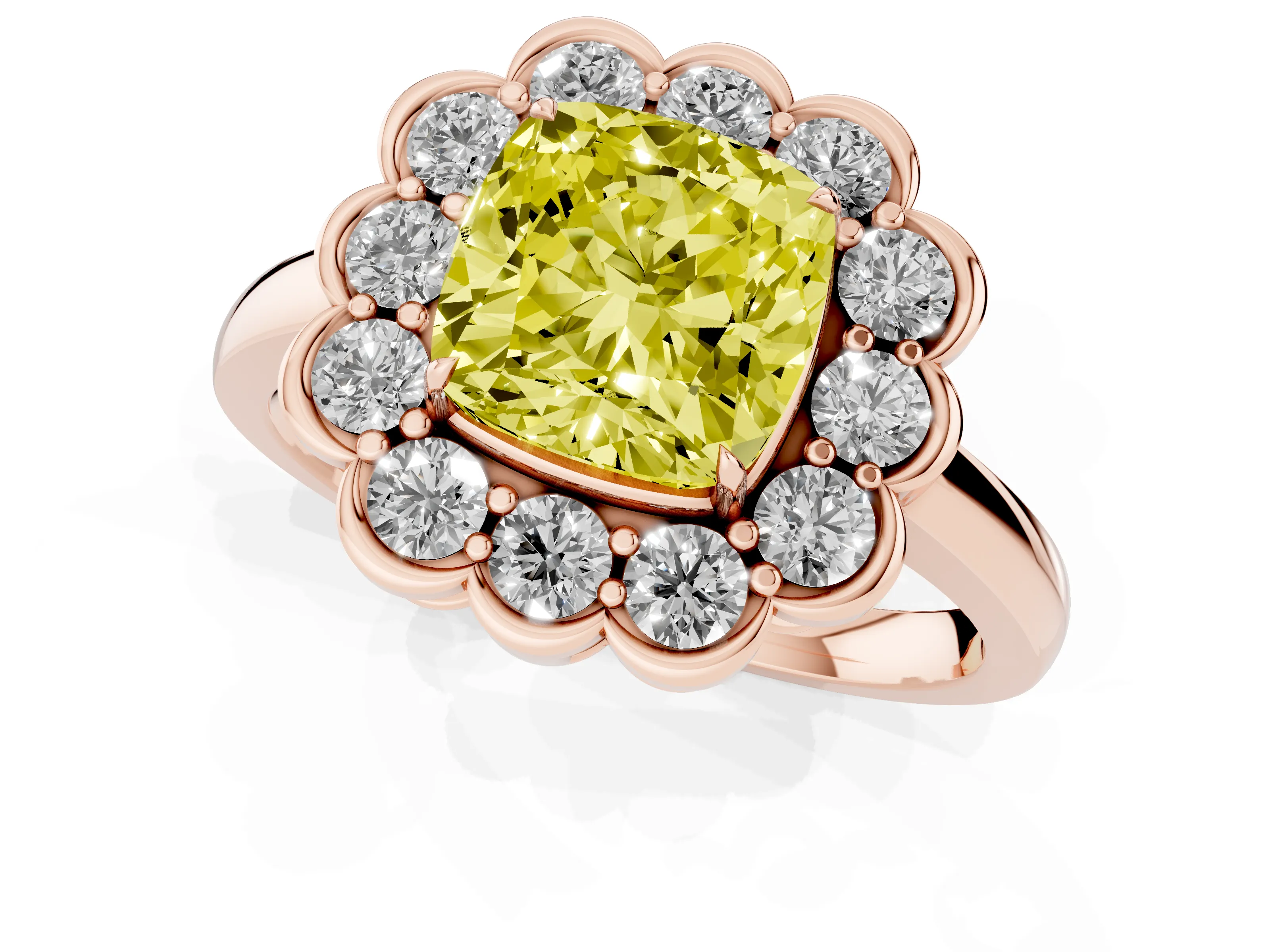 Fancy Yellow Cushion Cut Diamond Halo Cluster Engagement Ring Set in Rose gold with Solitaire Band and Prong Setting