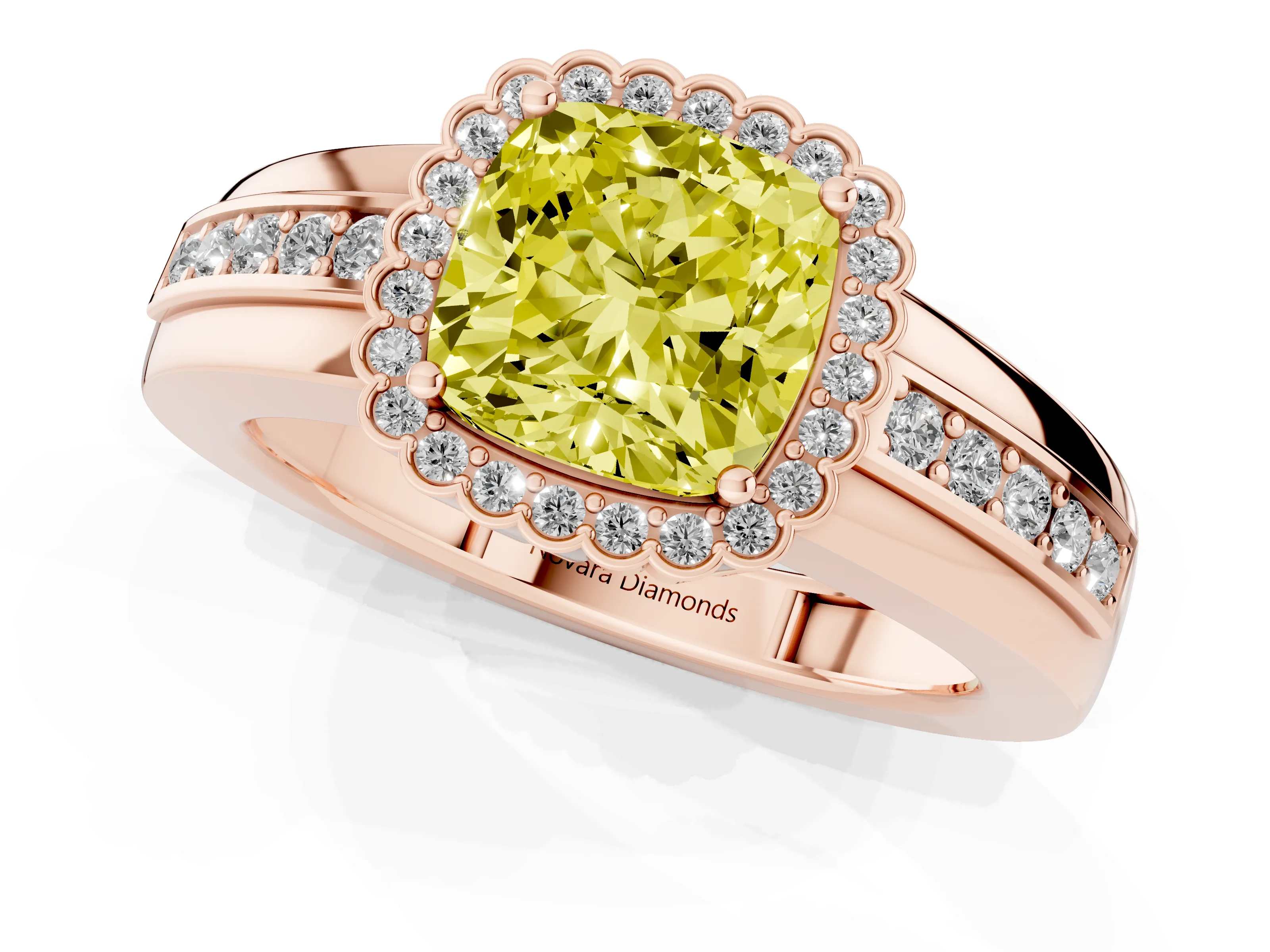 Fancy Yellow Cushion Cut Diamond Halo Prong Ring Set in Rose gold with Pavé Band