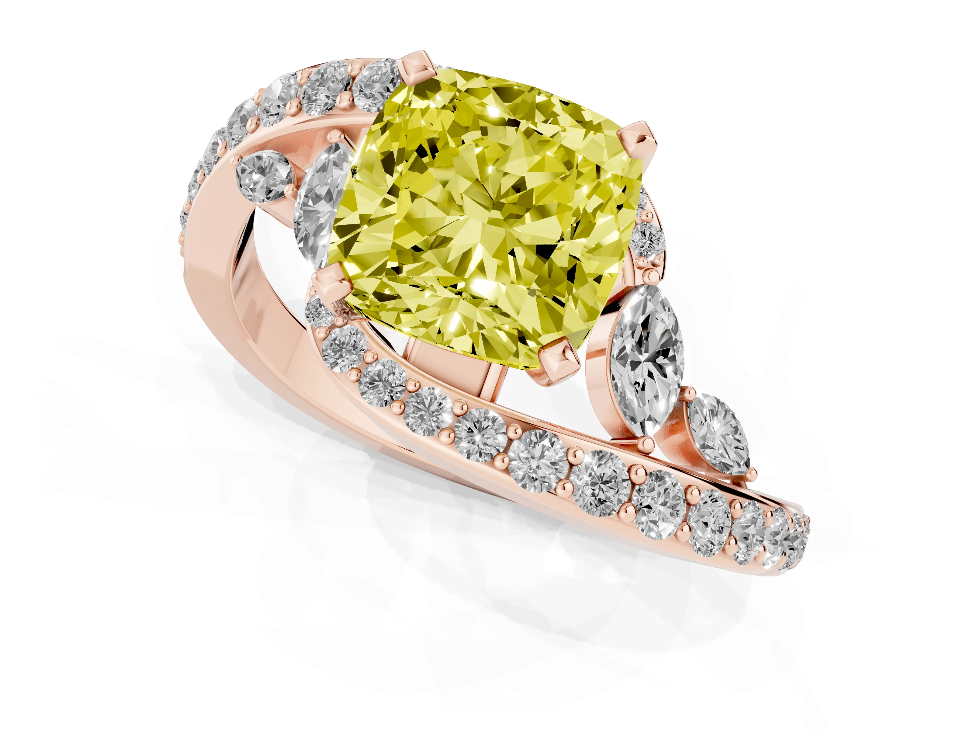 Fancy Yellow Cushion Cut Diamond Solitaire Ring Set in Rose gold with Filigree Band and Prong Setting