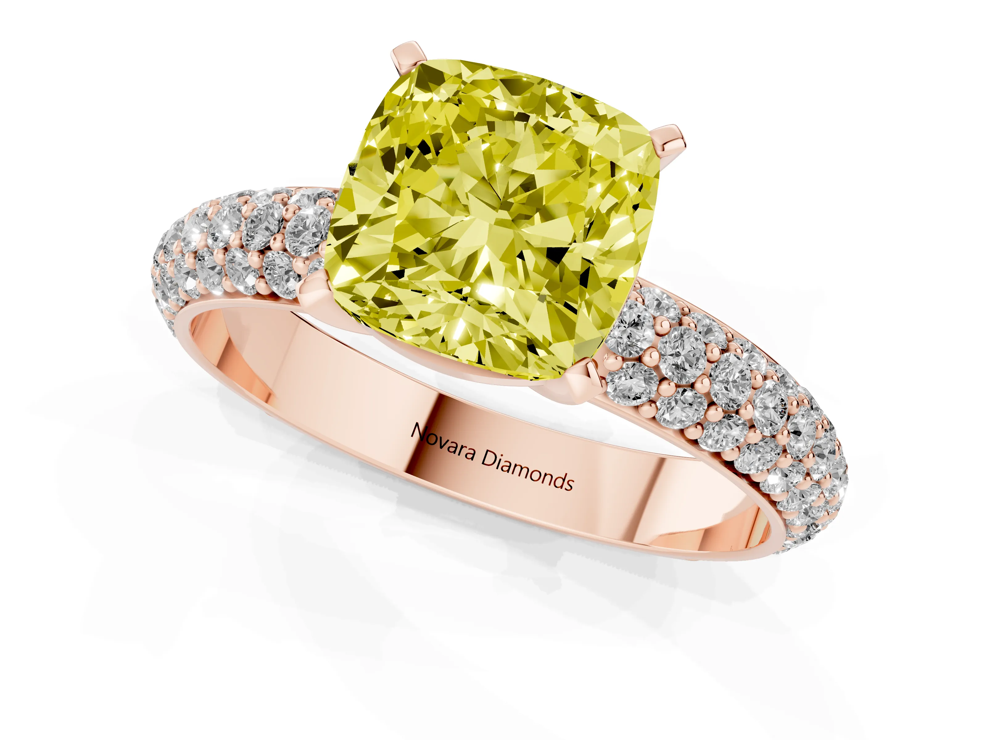 Fancy Yellow Cushion Cut Diamond Solitaire Ring Set in Rose gold with Prong Setting and Pavé-Set Band