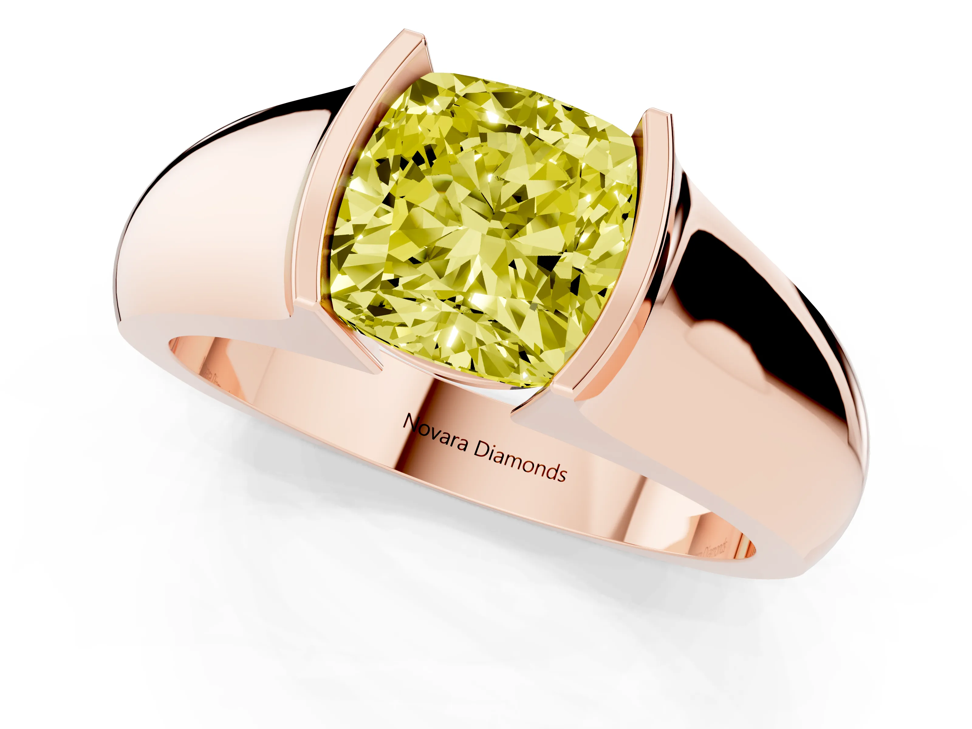 Fancy Yellow Cushion Cut Diamond Bezel Solitaire Ring Set in Rose gold with Wide Band