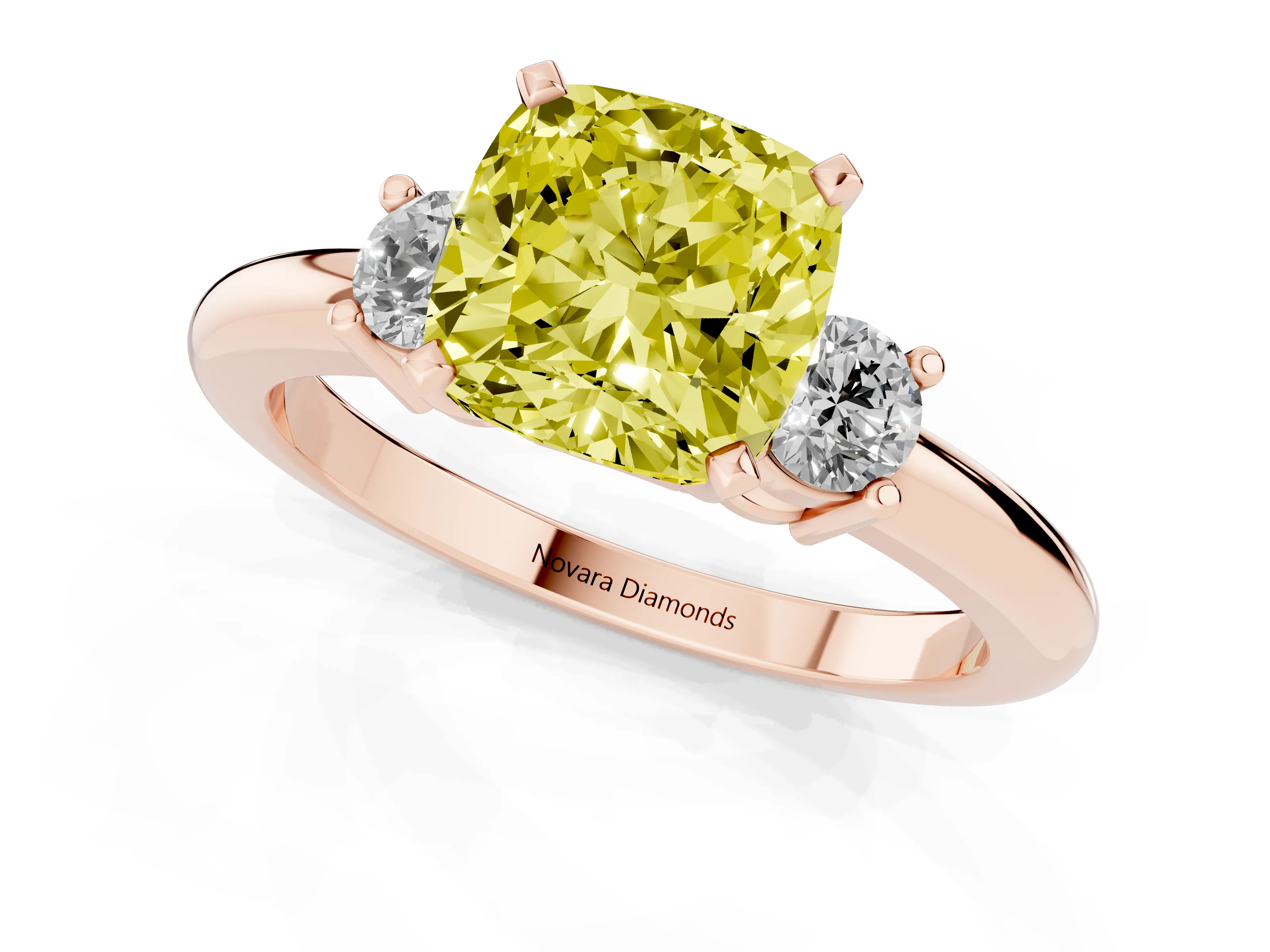 Fancy Yellow Three-Stone Cushion Cut Diamond Ring Set in Rose gold with Prong Setting and Plain Band