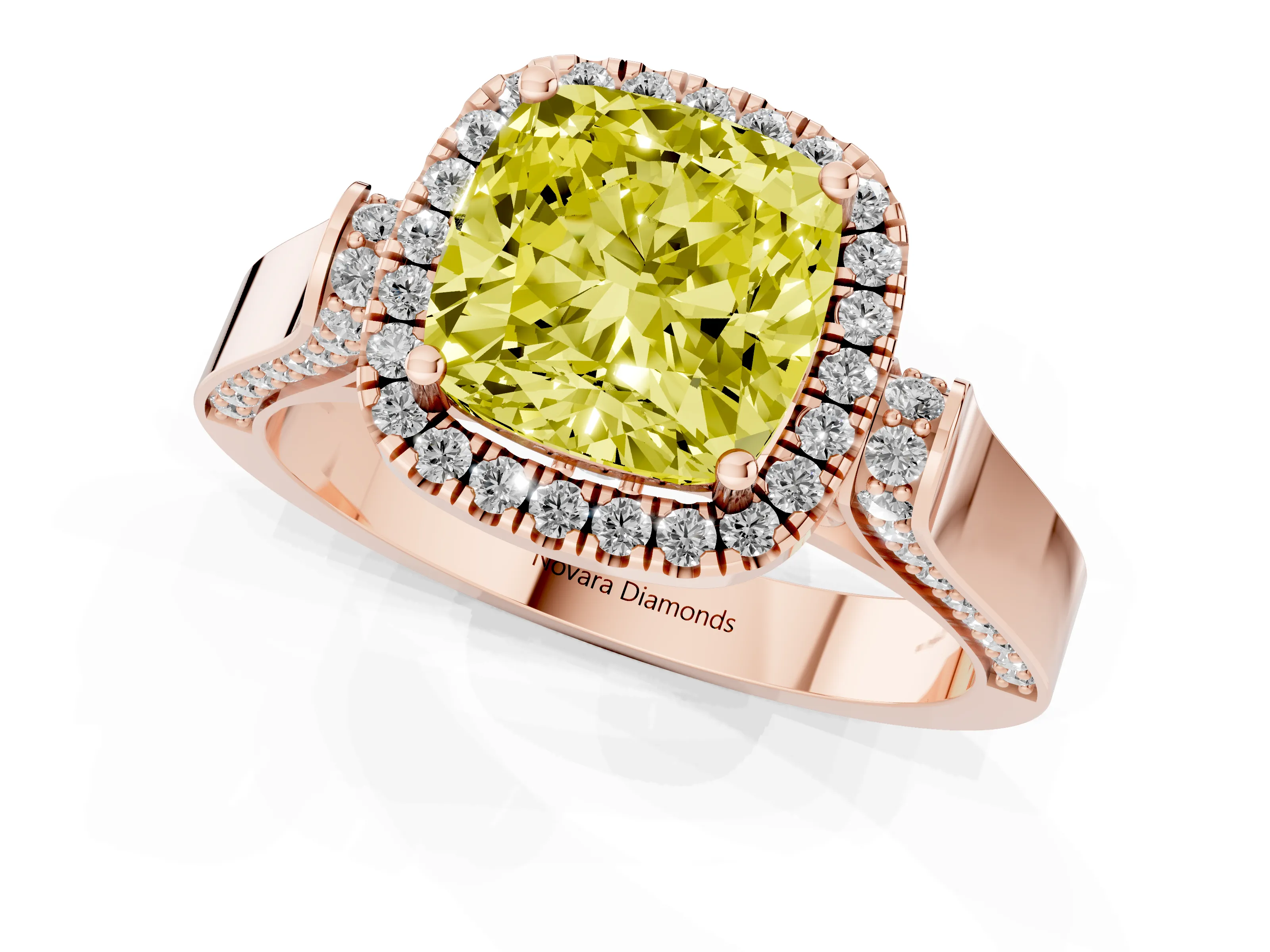 Fancy Yellow Cushion Cut Diamond Halo Ring Set in Rose gold with Pavé-Lined Split Shank Band