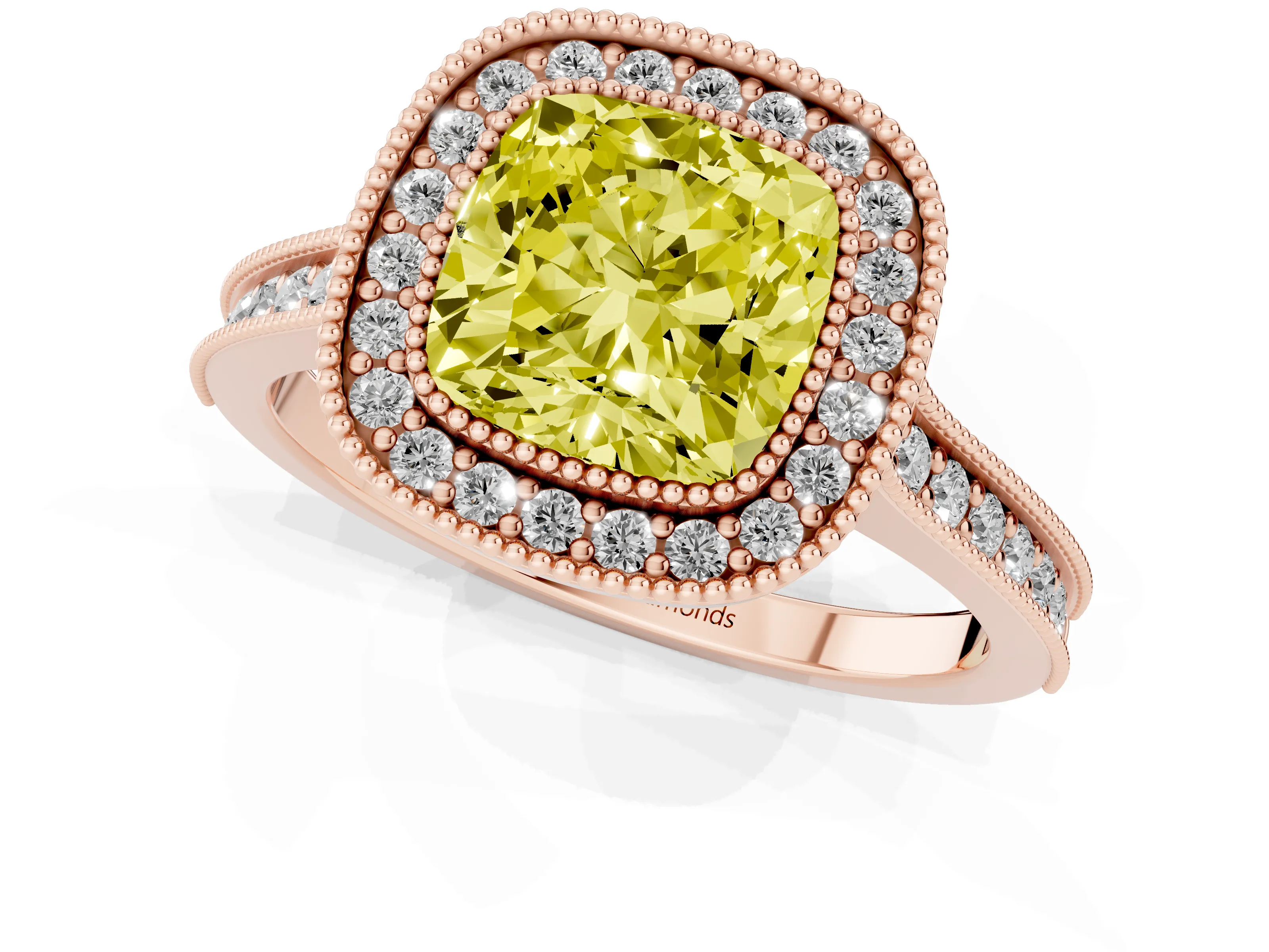 Fancy Yellow Cushion Cut Diamond Halo Milgrain Pavé Band Ring Set in Rose gold with Prong Setting