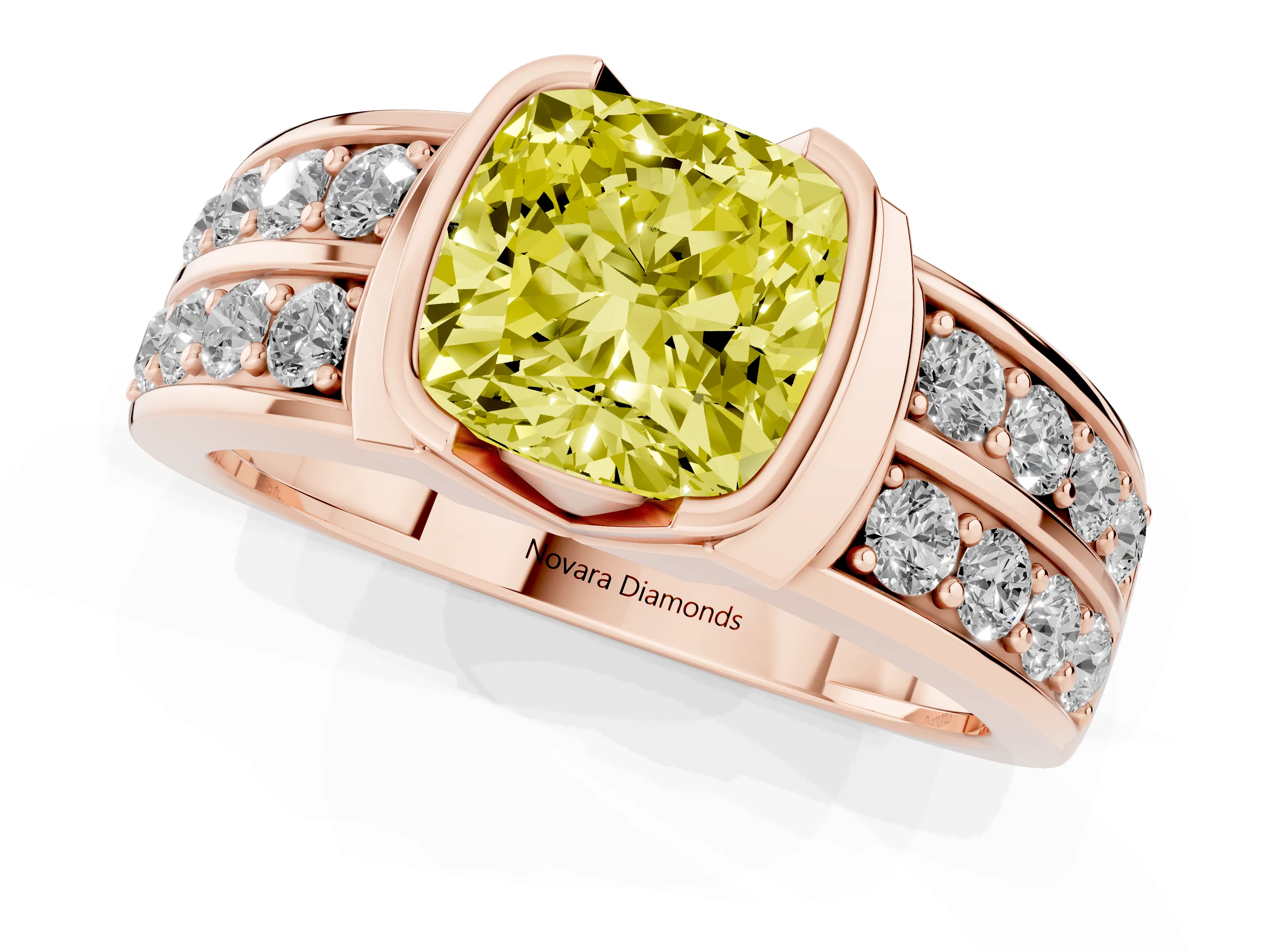 Fancy Yellow Cushion Cut Diamond Wide Channel Set Band Ring Set in Rose gold with Bezel Setting