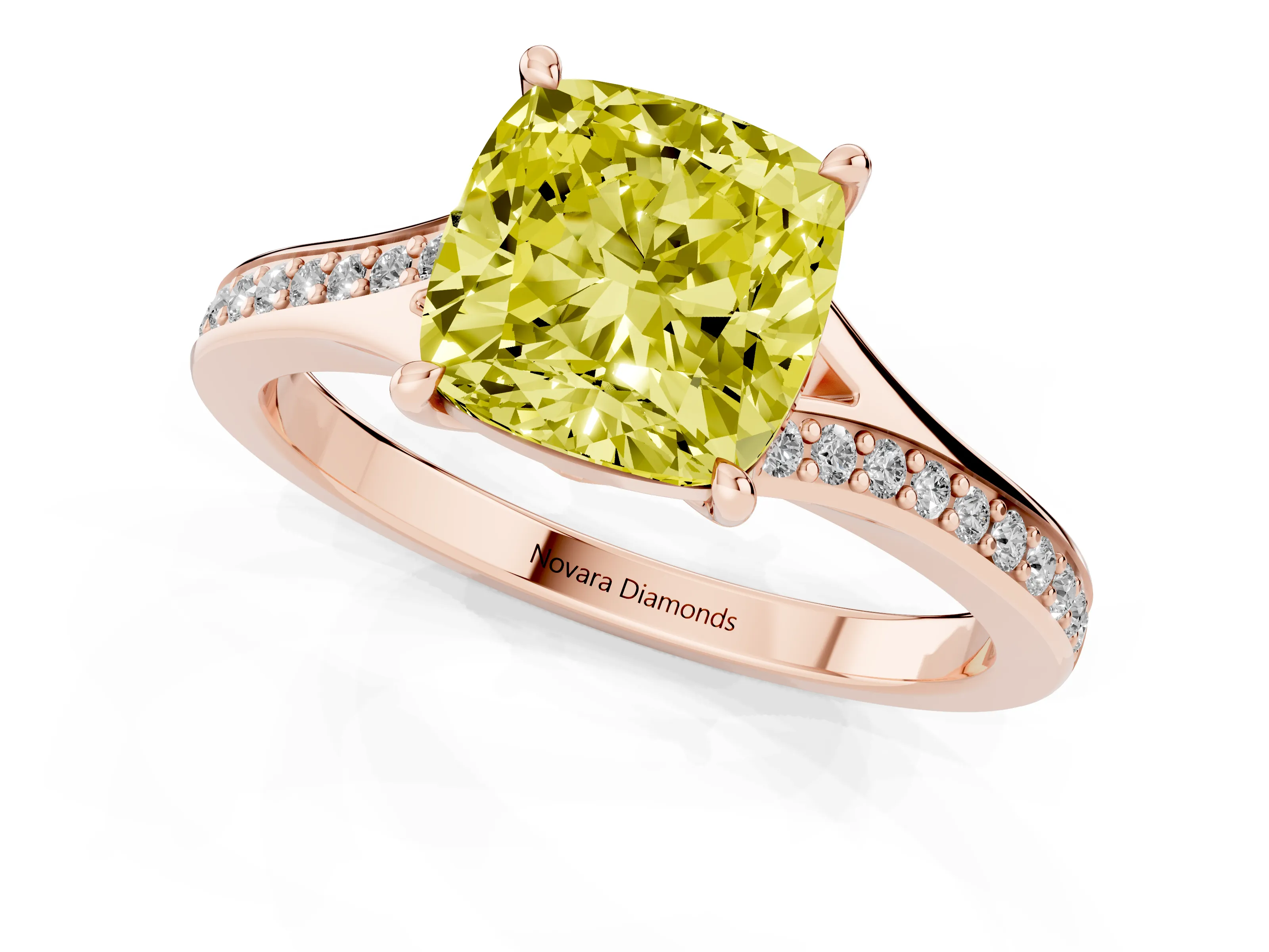 Fancy Yellow Cushion Cut Diamond Solitaire Ring Set in Rose gold with Pavé Accent Band and Classic Prong Setting