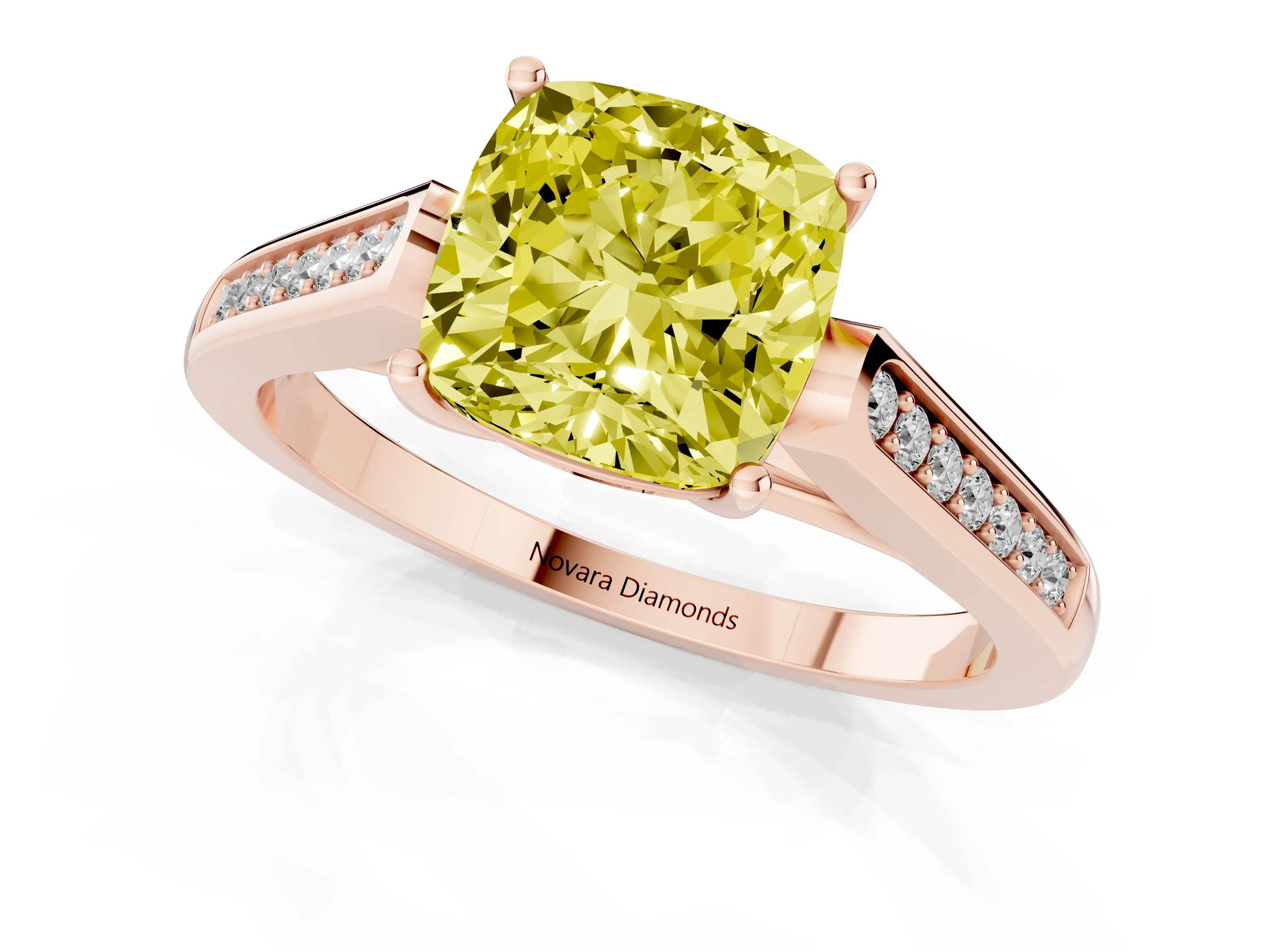 Fancy Yellow Cushion Cut Diamond Solitaire Cathedral Engagement Ring Set in Rose gold with Channel-Set Band and Prong Setting