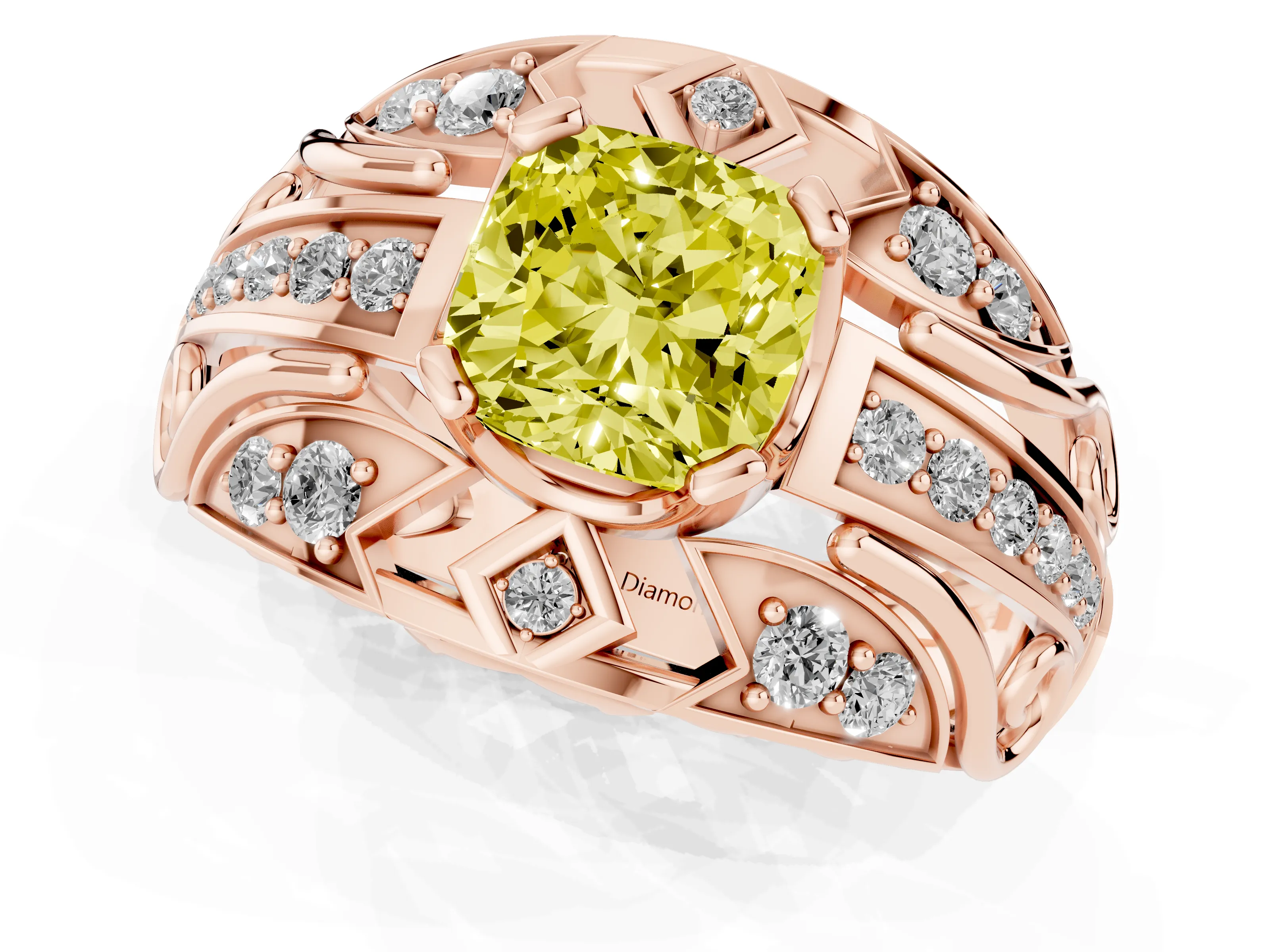 Fancy Yellow Cushion Cut Diamond Art Deco Ring Set in Rose gold with Pavé Split Shank