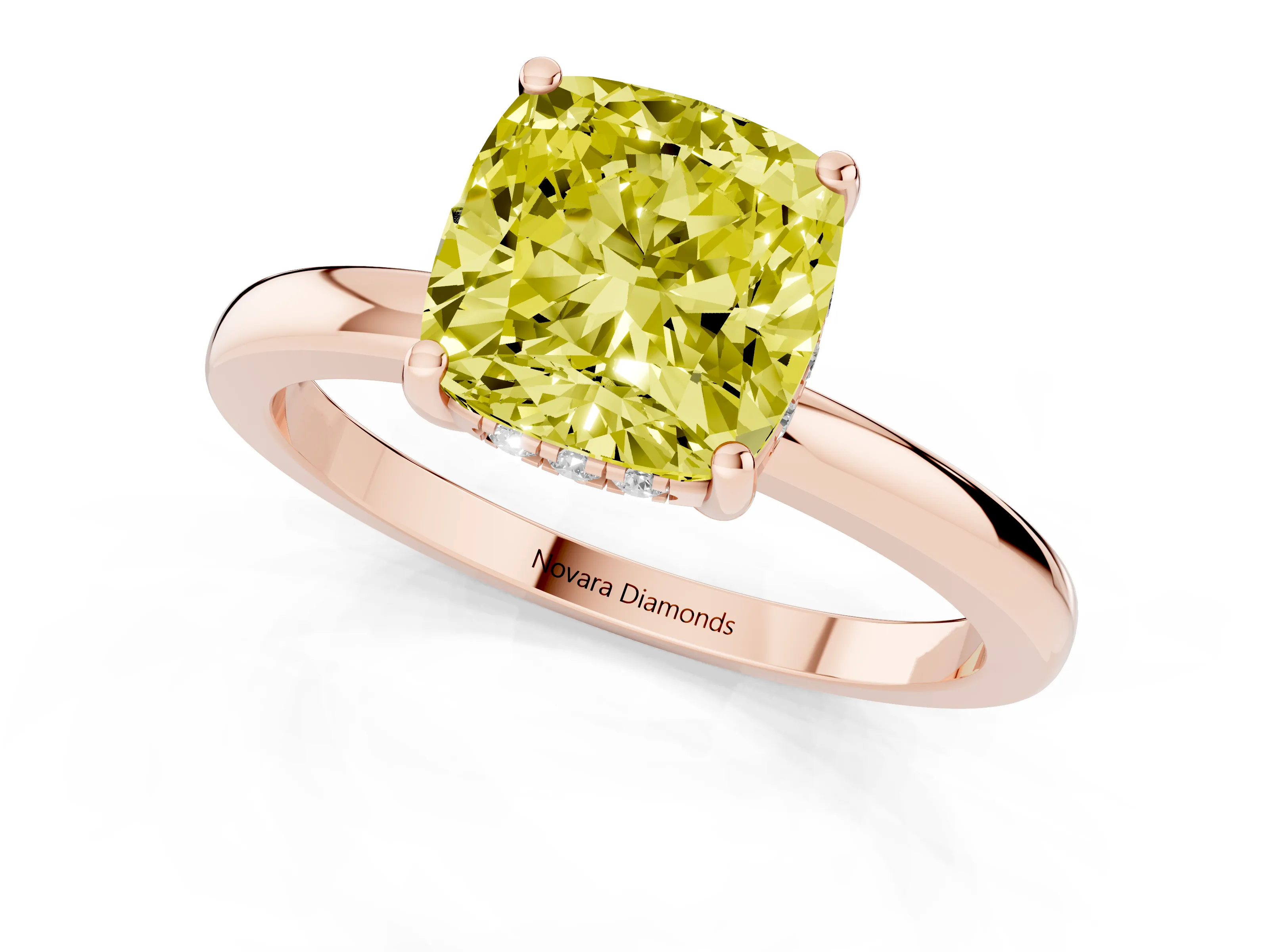Fancy Yellow Cushion Cut Diamond Solitaire Ring Set in Rose gold with Plain Band and Prong Setting