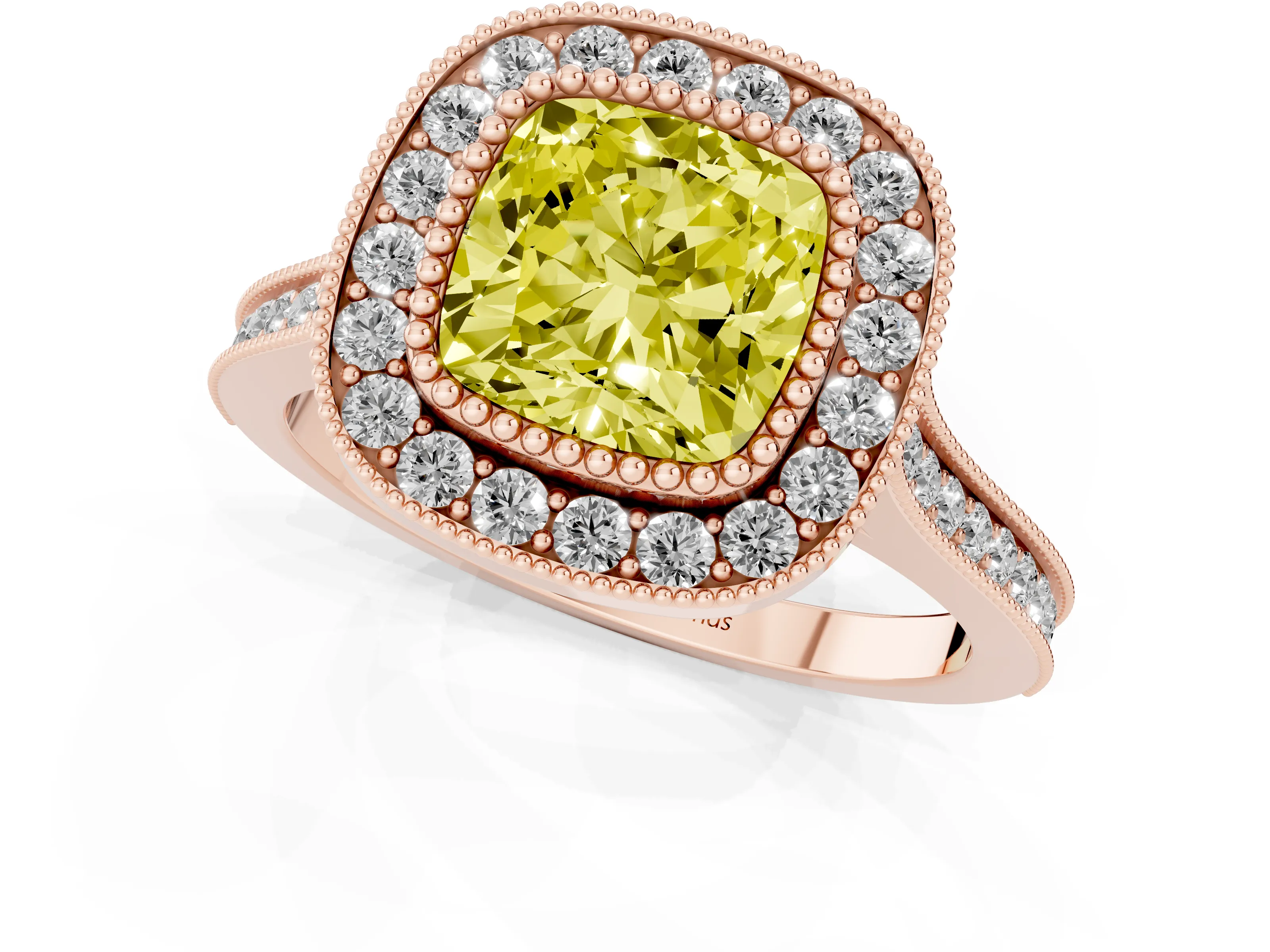 Fancy Yellow Cushion Cut Diamond Halo Ring Set in Rose gold with Milgrain Frame and Pavé Band