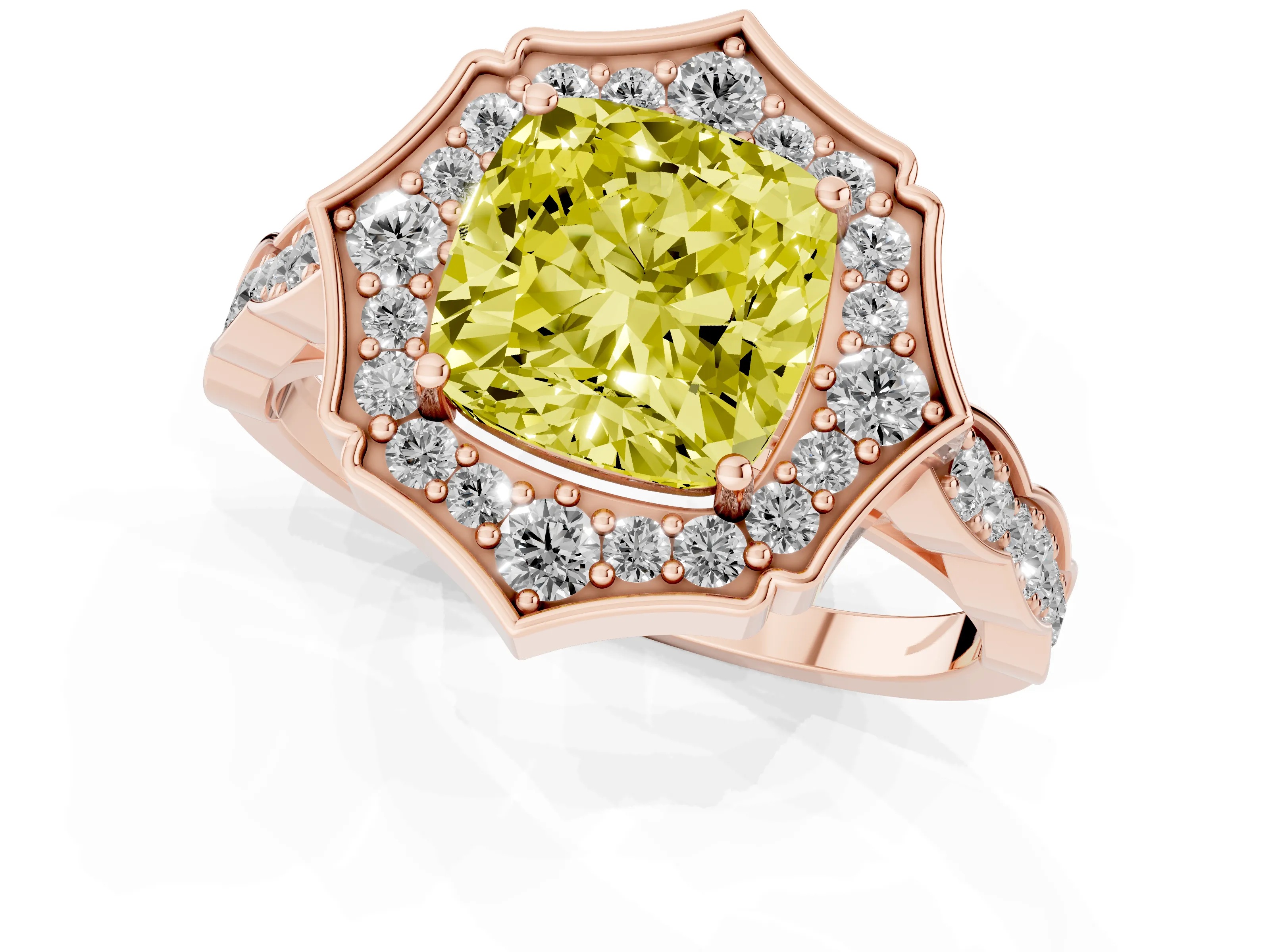 Fancy Yellow Cushion Cut Diamond Halo Engagement Ring Set in Rose gold with Milgrain Band and Prong Setting