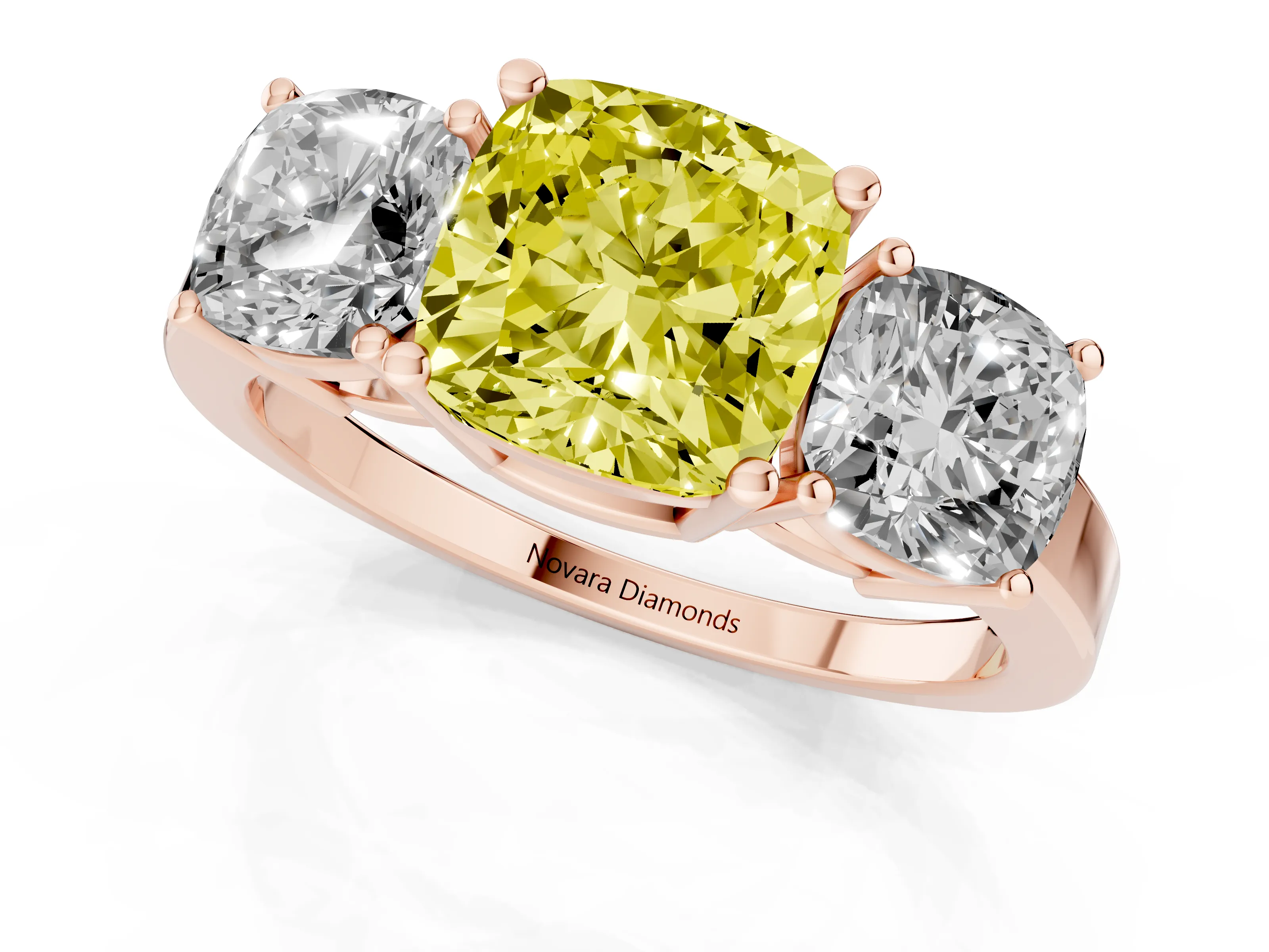 Fancy Yellow Cushion Cut Diamond Three-Stone Engagement Ring Set in Rose gold with Flat Band