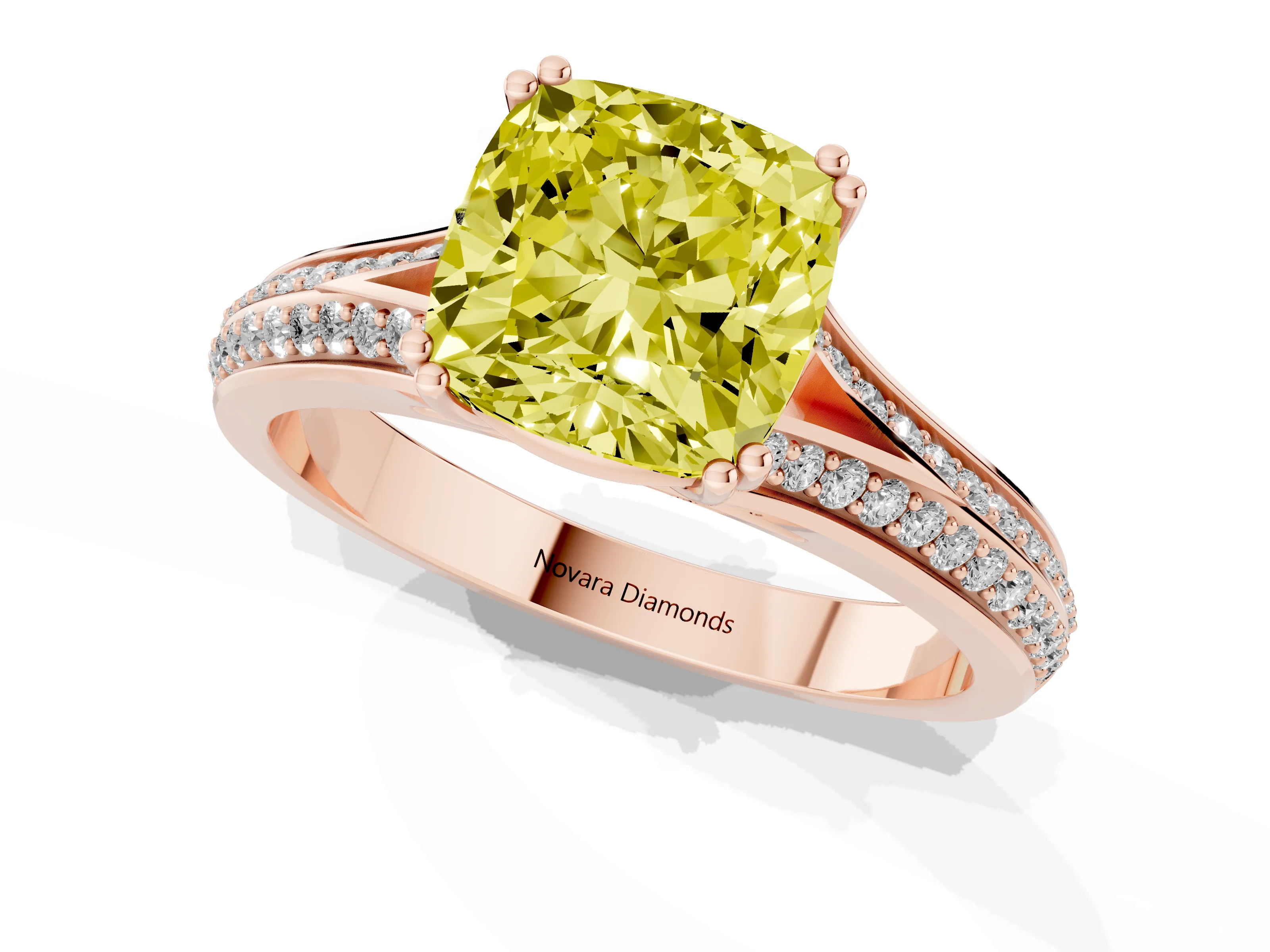 Fancy Yellow Cushion Cut Diamond Split Shank Pavé Engagement Ring Set in Rose gold with Prong-Set Center Stone