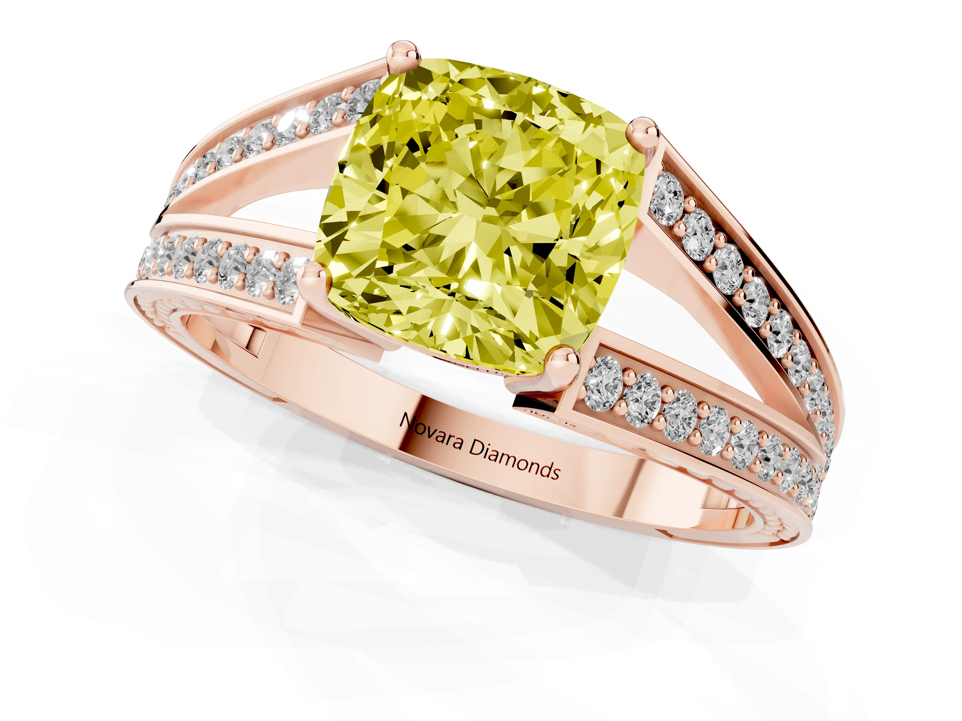 Fancy Yellow Cushion Cut Diamond Split Shank Ring Set in Rose gold with Pavé Band and Prong Setting