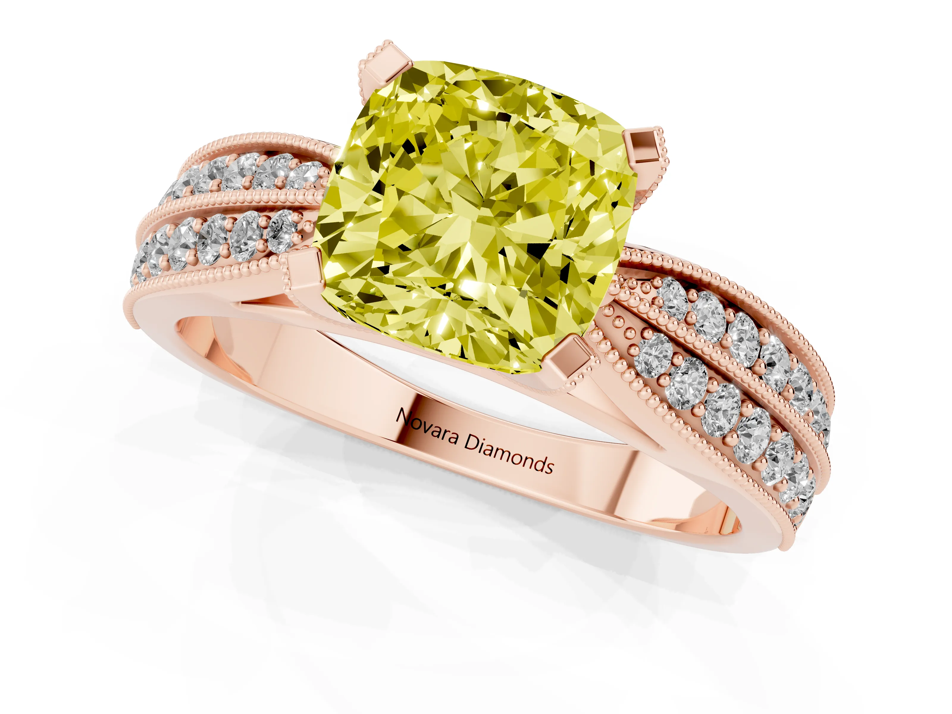 Fancy Yellow Cushion Cut Diamond Solitaire Ring Set in Rose gold with Milgrain Double Row Round Pavé Band