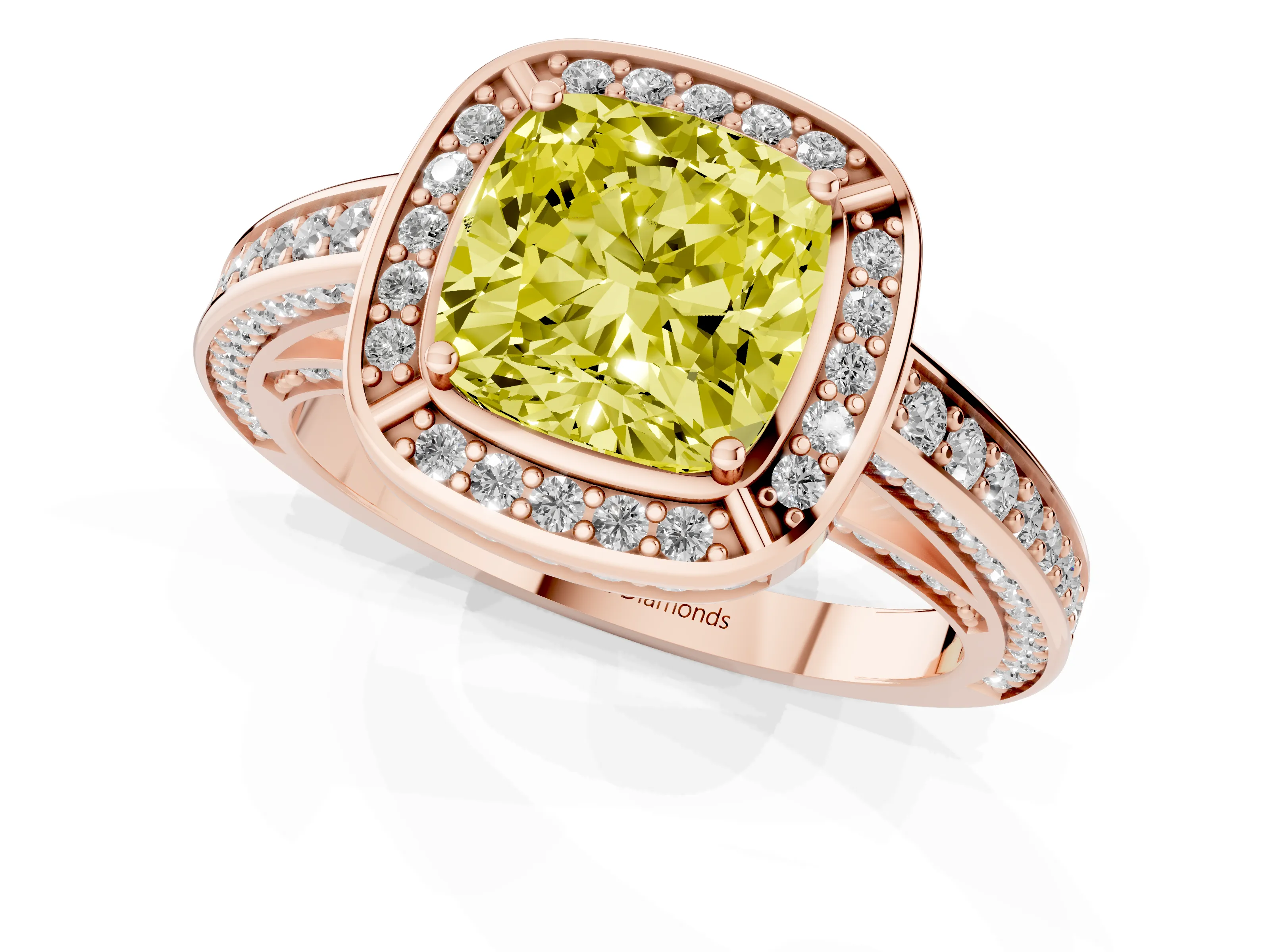 Fancy Yellow Cushion Cut Diamond Halo Pavé Split Shank Ring Set in Rose gold with Prong Setting