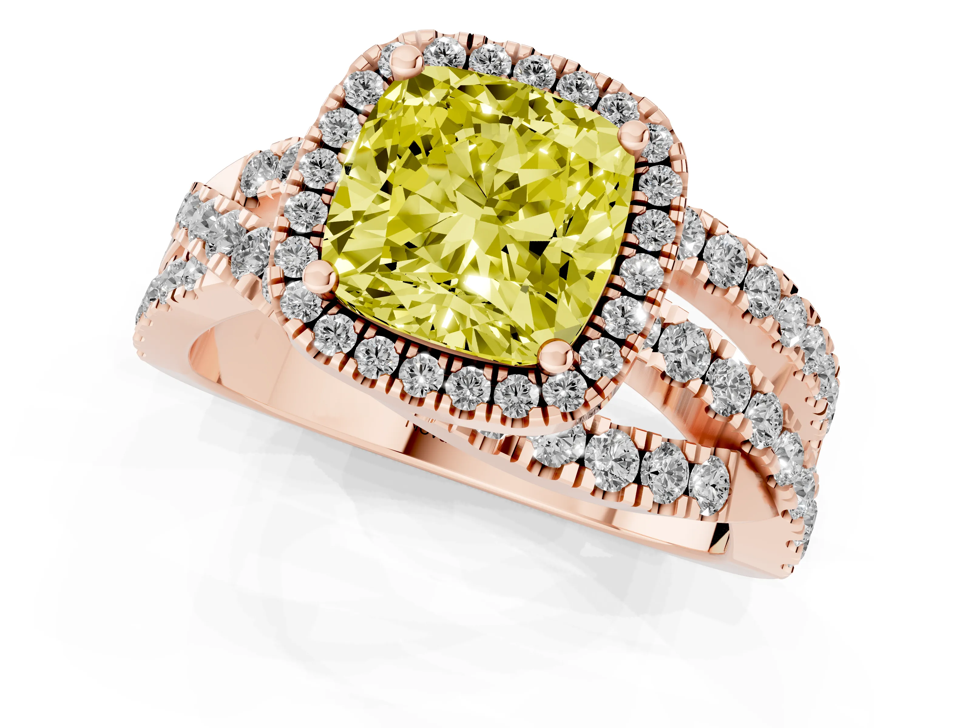 Fancy Yellow Cushion Cut Diamond Halo Ring Set in Rose gold with Round Crossover Split Shank and Prong Setting