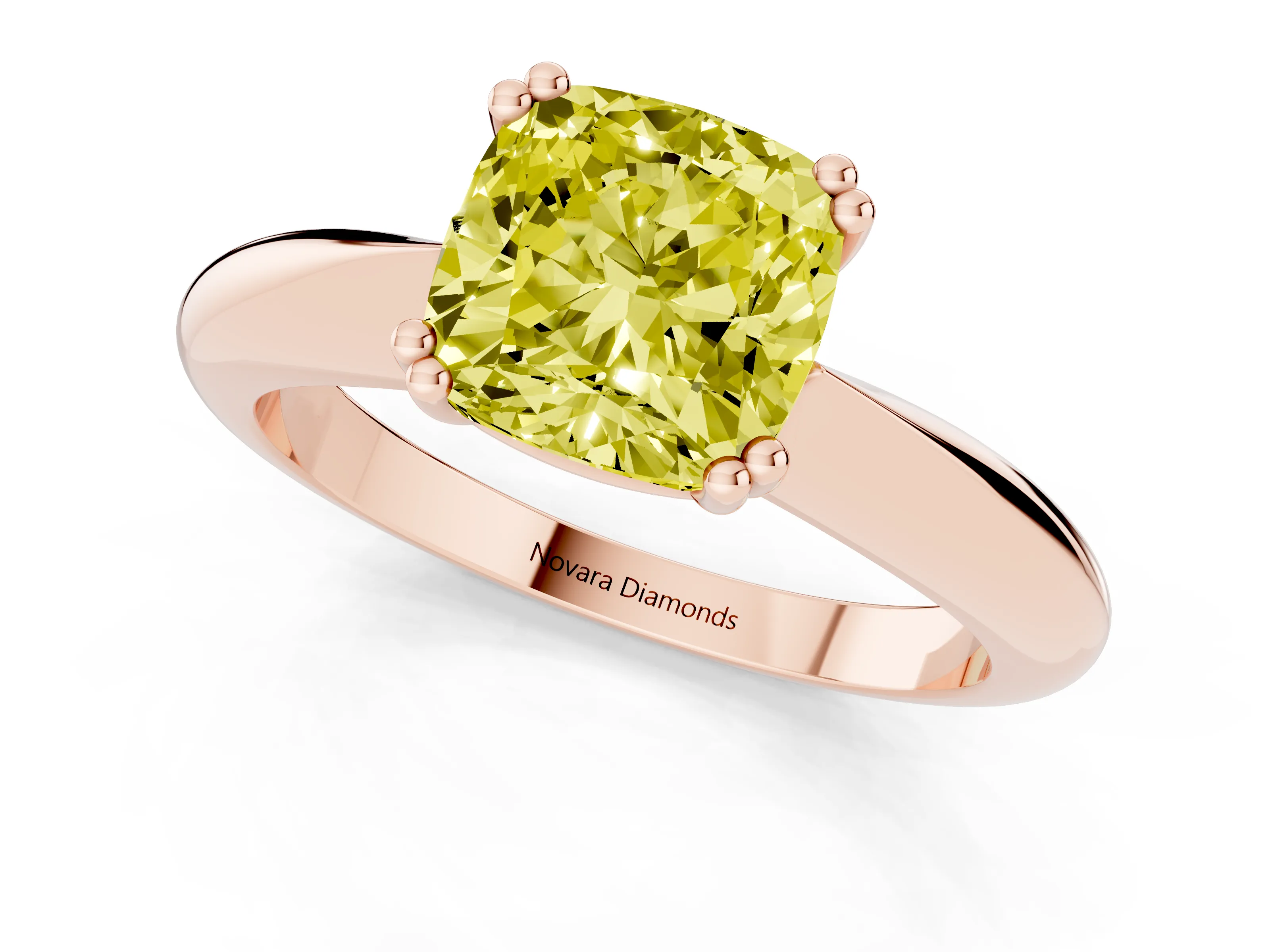 Fancy Yellow Cushion Cut Diamond Solitaire Engagement Ring Set in Rose gold with Tapered Band and Prong Setting