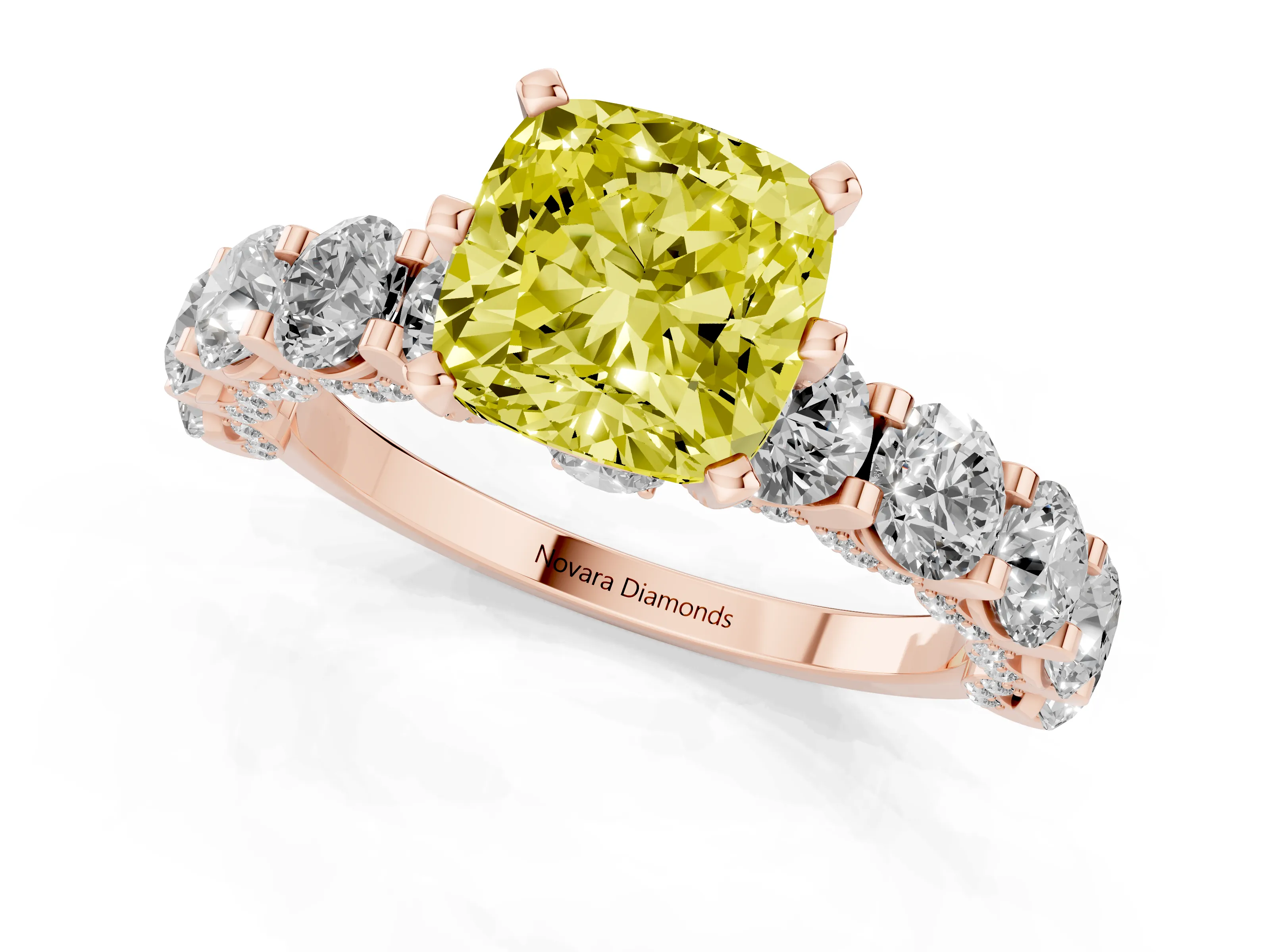 Fancy Yellow Cushion Cut Diamond Side Stone Ring Set in Rose gold with Alternating Round and Oval Side Stones