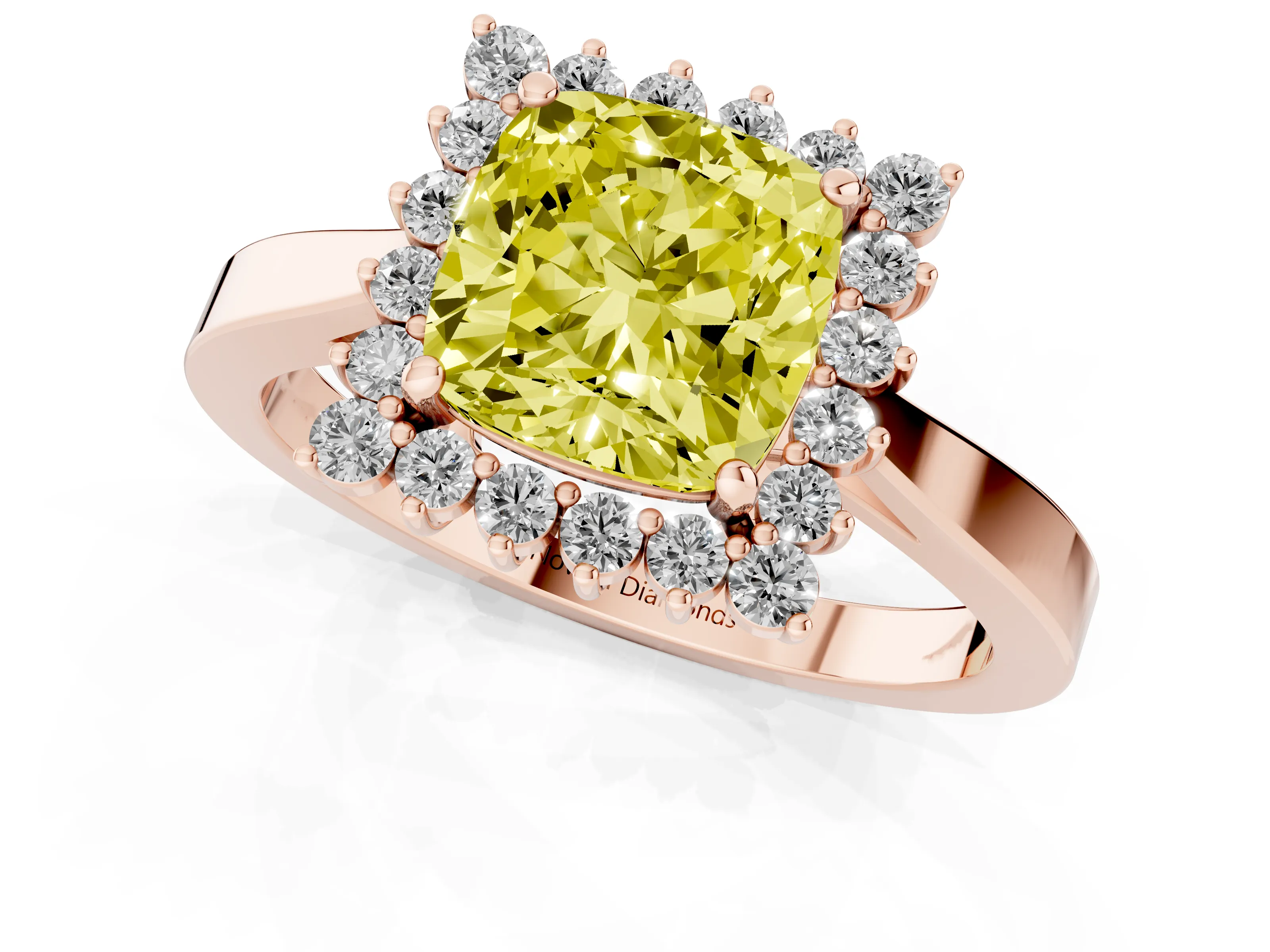 Fancy Yellow Cushion Cut Diamond Halo Ring Set in Rose gold with Round Halo and Smooth Solitaire Band