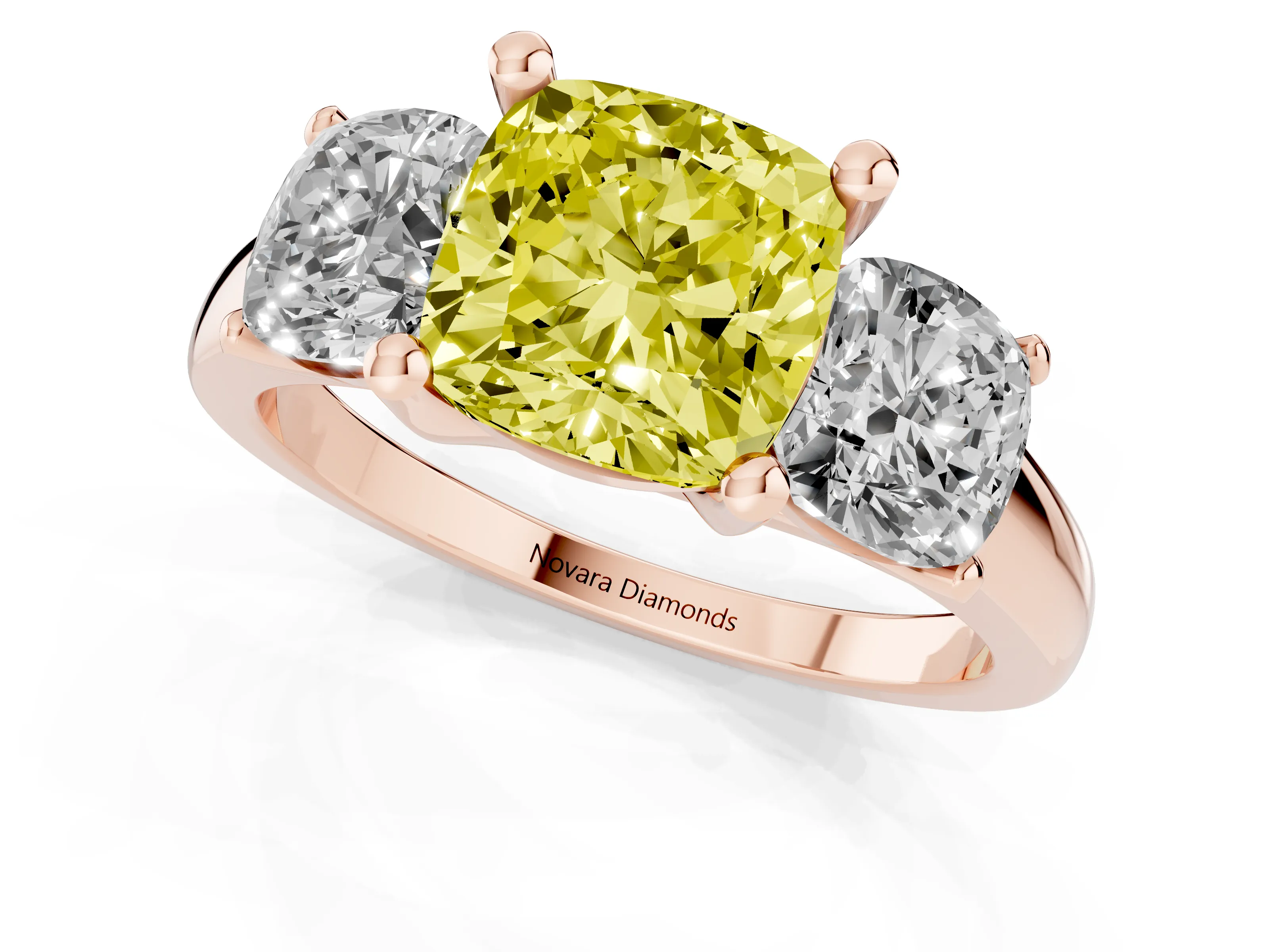 Fancy Yellow Cushion Cut Diamond Three-Stone Ring Set in Rose gold with Classic Prong Setting and Plain Band