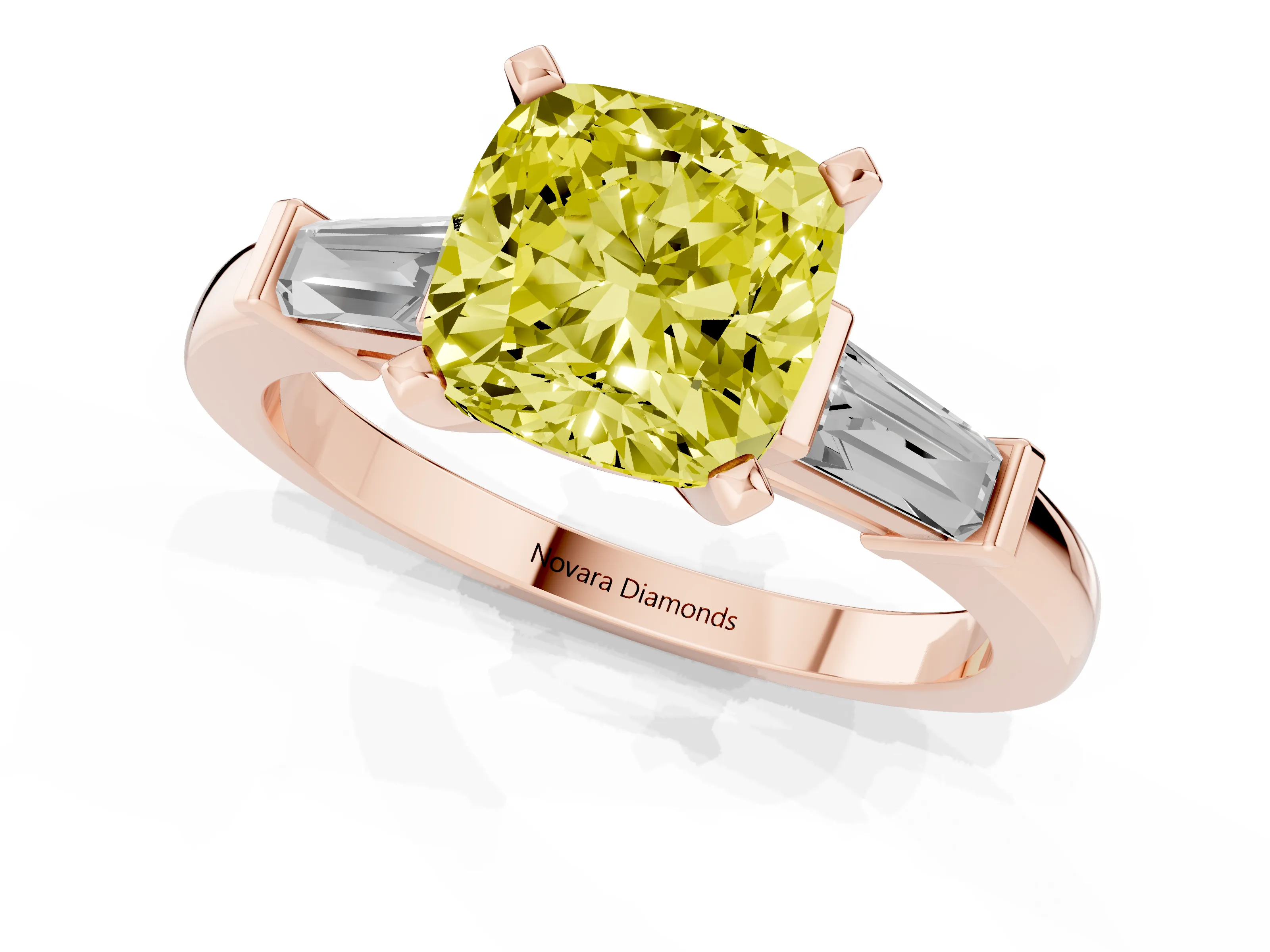 Fancy Yellow Cushion Cut Diamond Solitaire Ring Set in Rose gold with Tapered Baguette Accents and Prong Setting
