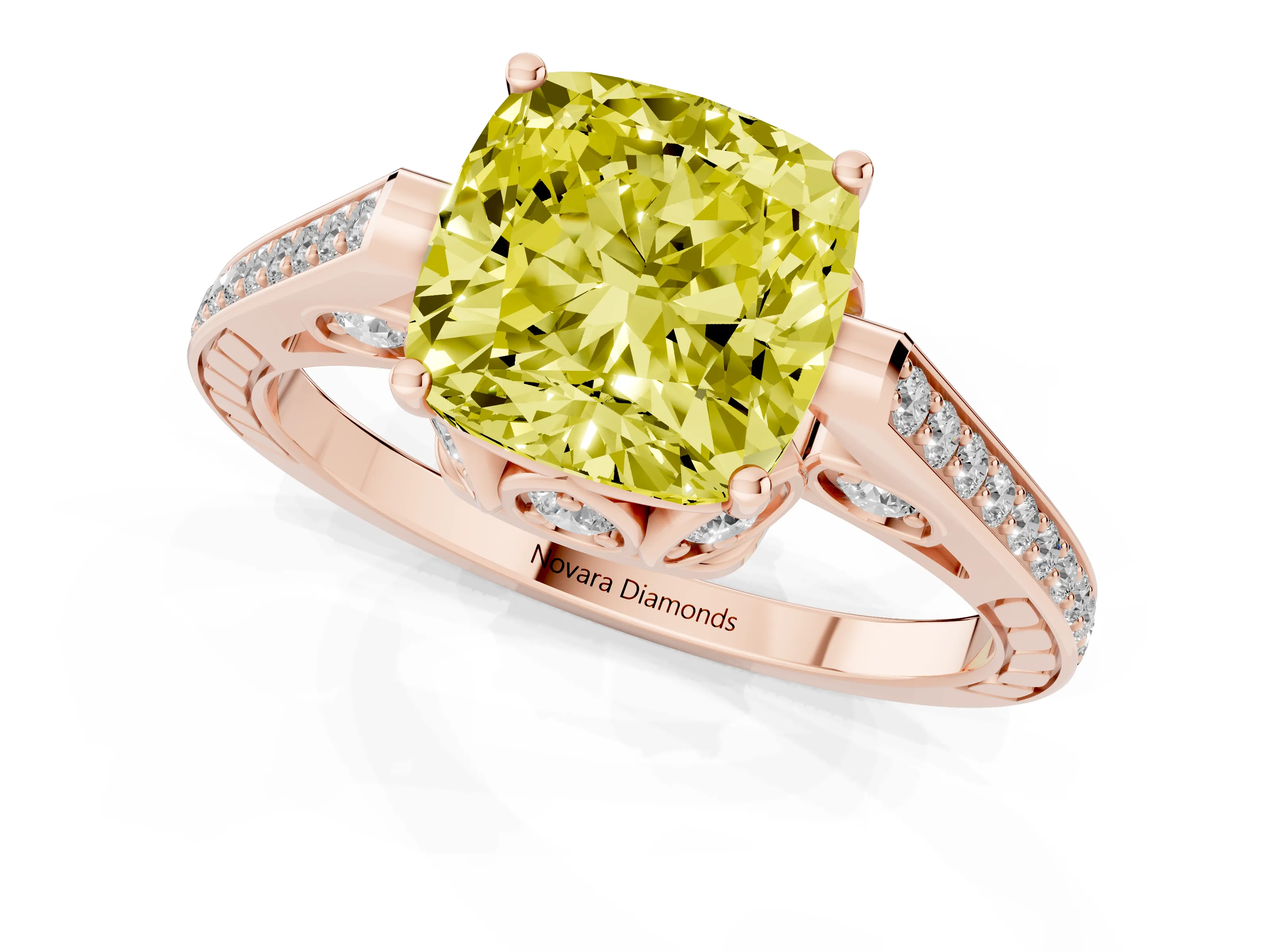 Fancy Yellow Cushion Cut Diamond Cathedral Pavé Engagement Ring Set in Rose gold with Prong Setting